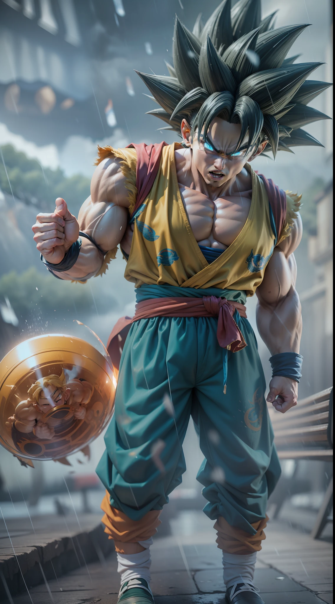 dragon ball super goku and chichi, super strong, muscular, raining, 35mm lens, photography, ultra details, precise texture details HDR, UHD,64K,