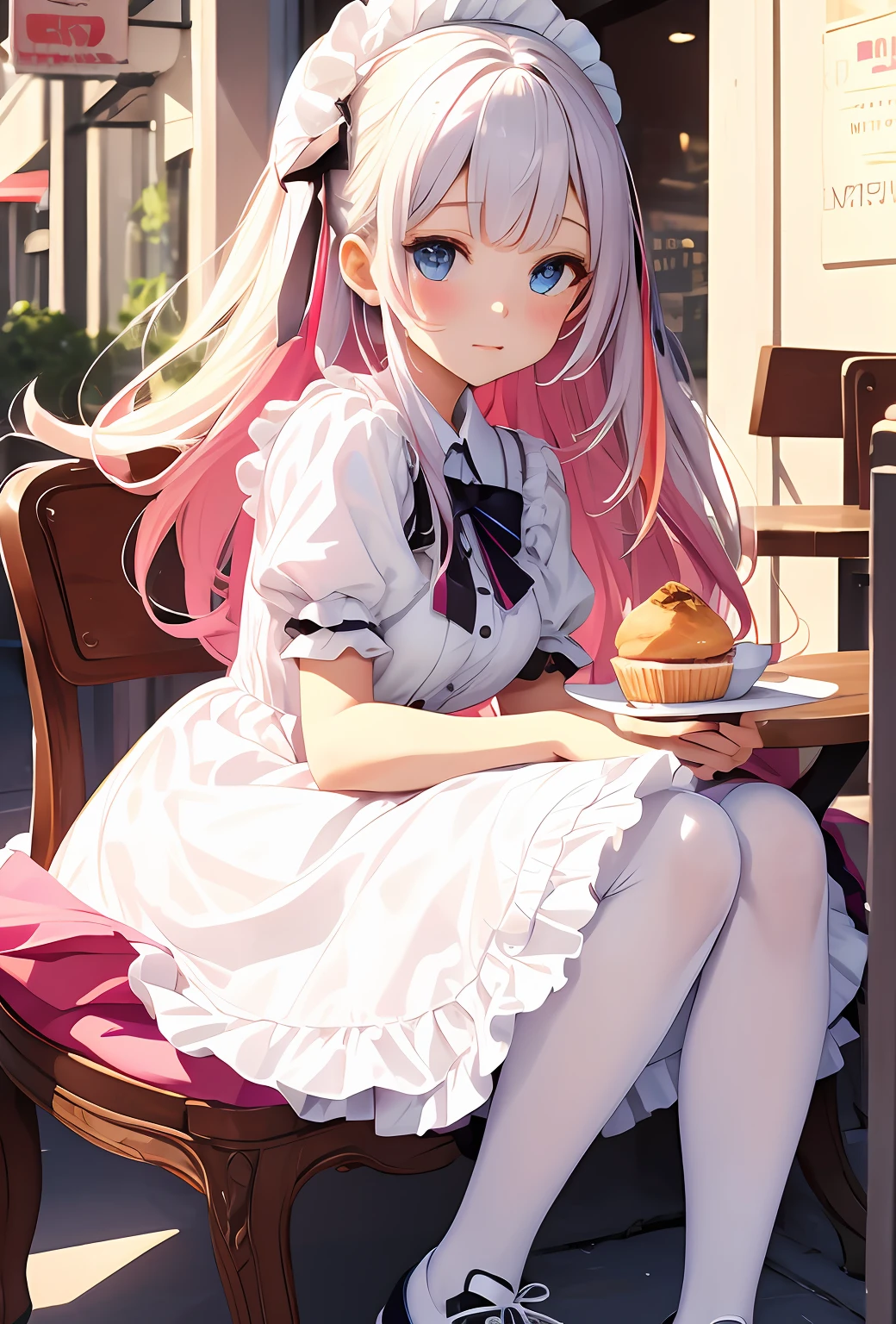 best qualityer，tmasterpiece，Ultimate resolution，downy，Extremely colorful，Colorful，Big high school girl，Lolita long dress， white stockings，Muffin shoes，Cafe background，closeup of face