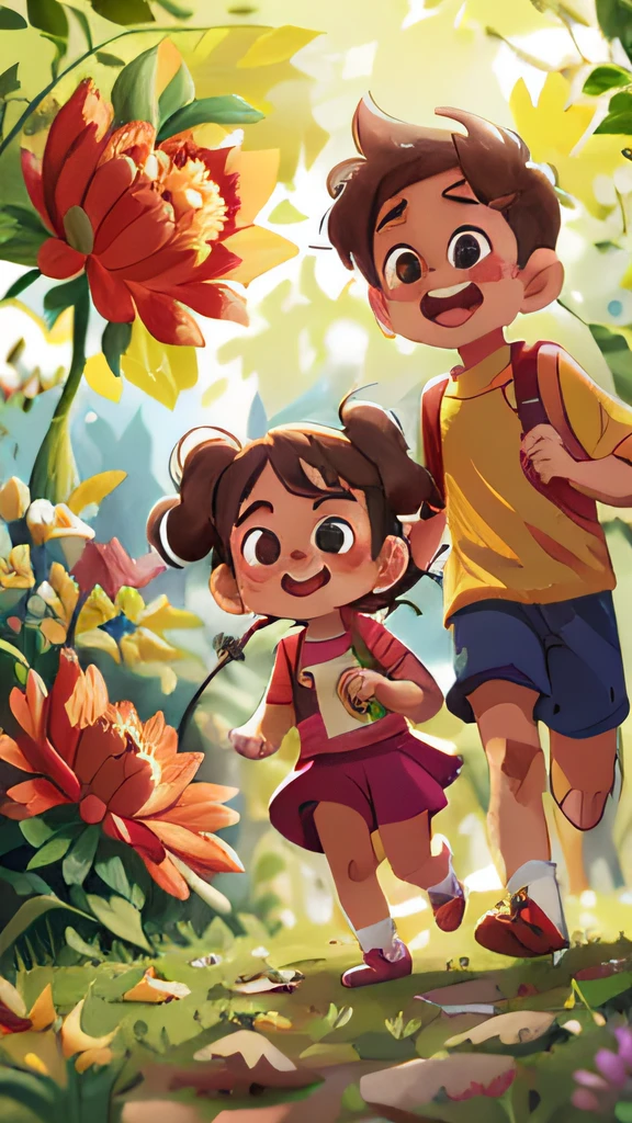 A 6-year-old girl and a 6-year-old boy run through the countryside,Wear kindergarten clothing,cheerfulness,big laughter,Perfect quality,Clear focus (mess - house:0.8),(tmasterpiece:1.2) (realisticlying:1.2) (Bokeh) (best qualtiy) (skin detailed:1.3) (complexdetails) (8K) (eye detailed) (Clear focus), (cheerfulness)