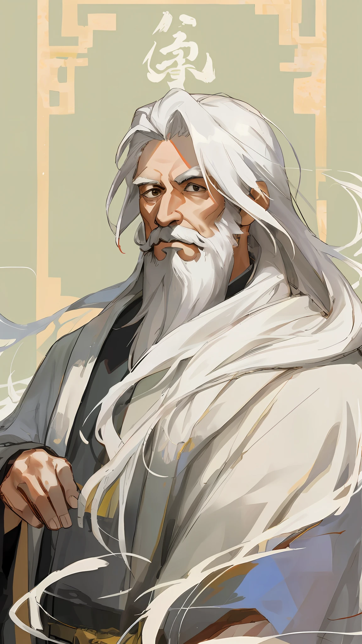 Alfeidians，long white hair and beard，wearing long white togas, Long white beard, Long white hair and white beard, Inspired by Hu Zaobin, detailed white long hair, inspired by Li Cheng, inspired by Wu Daozi, inspired by Dong Yuan, by Russell Dongjun Lu, digital character painting, white long beard