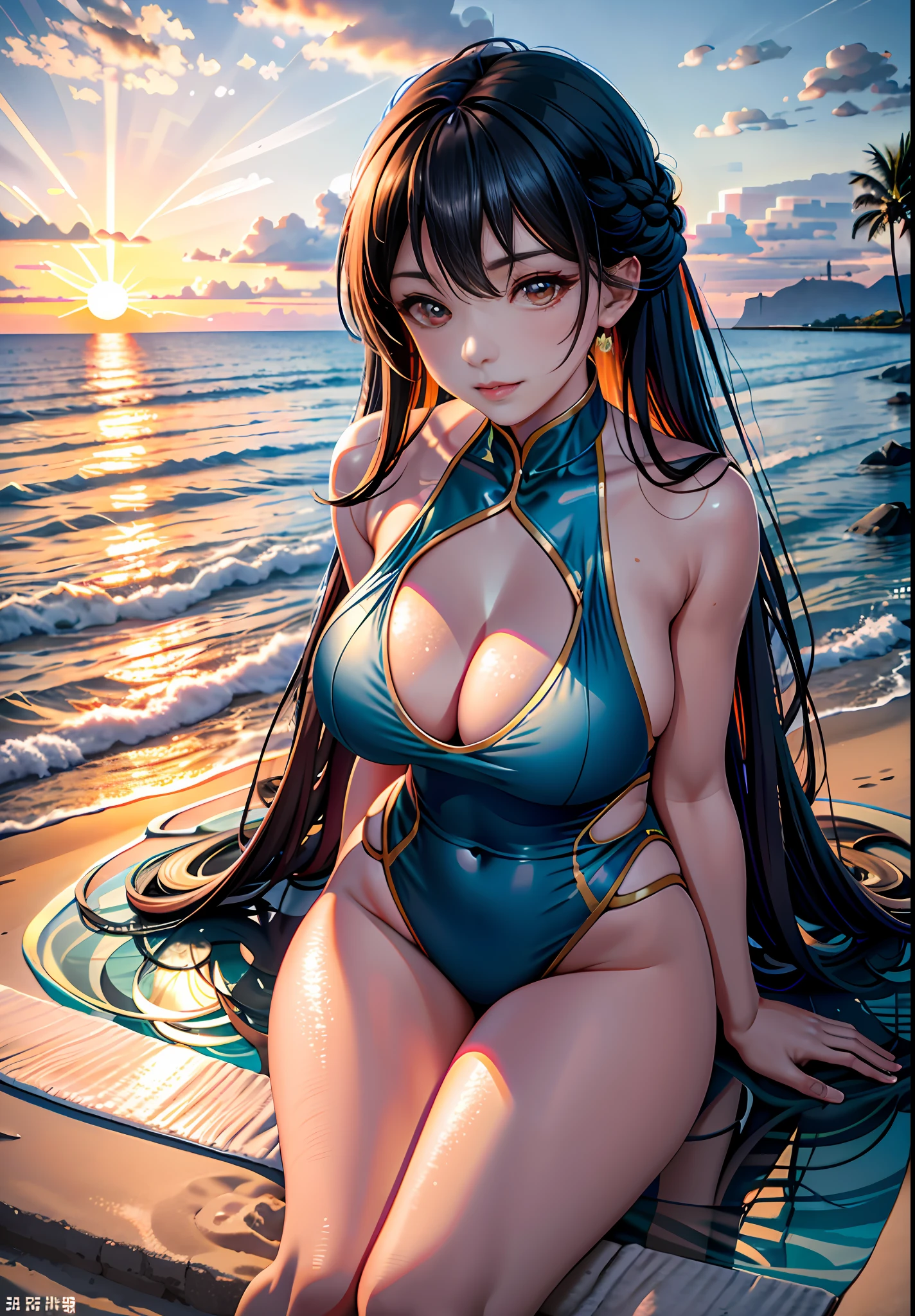 Absolutely mesmerizing sunset on the beach,Pink big breasts,white colors。The water is crystal clear,,The white sand is boundless。The scene is full of movement,breath-taking,Seagulls soar high in the air,Excellent figure,Palm trees sway gently。Immerse yourself in a calm atmosphere,Let the tranquil surroundings surround you。beachside,starrysky,Chinese swimwear,long leges,Full body like,rays of sunshine,moisty,drenched all over the body,playing water,eventide,Burning clouds,baiyun,shoreline,Bigchest,比基尼,long whitr hair,wave,short detailed hair,lipsticks,Slim figure,eye shadows,Beautiful face,Side Body,lying on her side,hyper realisitc,Realistic painting style,swimming uniform,realistic space,sandbeach,boisterous,eventide