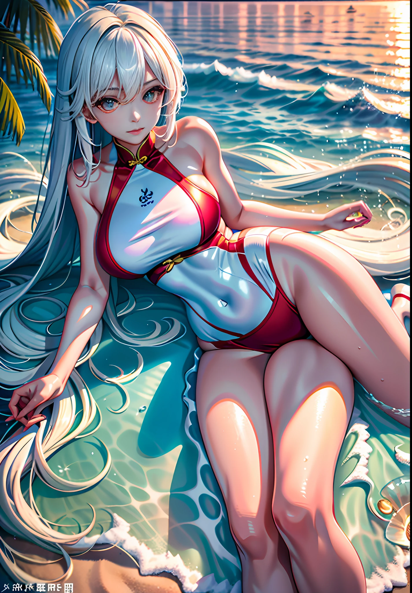 Absolutely mesmerizing sunset on the beach,Pink big breasts,white colors。The water is crystal clear,,The white sand is boundless。The scene is full of movement,breath-taking,Seagulls soar high in the air,Excellent figure,Palm trees sway gently。Immerse yourself in a calm atmosphere,Let the tranquil surroundings surround you。beachside,starrysky,Chinese swimwear,long leges,Full body like,rays of sunshine,moisty,drenched all over the body,playing water,eventide,Burning clouds,baiyun,shoreline,Bigchest,比基尼,long whitr hair,wave,short detailed hair,lipsticks,Slim figure,eye shadows,Beautiful face,Side Body,lying on her side,hyper realisitc,Realistic painting style,swimming uniform,realistic space,sandbeach,boisterous,eventide