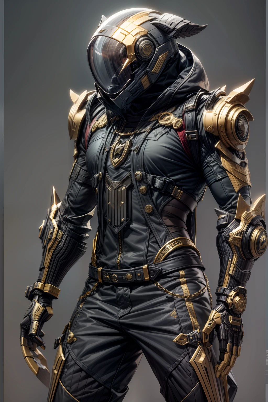 greybackground，a macha，Futuristic style|cyber punk style，front viwe,standing on feet，Nero|Gold livery，dogy，best qualtiy，Very detailed details，8K，