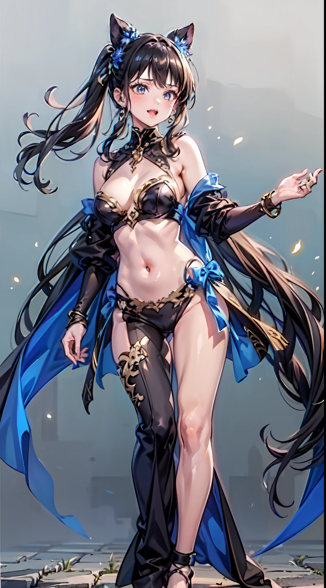 (((Masterpiece))),(((Best Quality))),(((Extremely Detailed))), Illustration, (High Resolution), High Quality, 1girl armor bare_shoulders bell belly_chain bikini_armor blue_eyes blue_fire blue_skin bracelet breasts chakram cleavage colored_skin earrings extra_arms female fire flower hair_ornament hair_ribbon jewelry large_breasts long_hair looking_at_viewer navel necklace neck_ring open_mouth polearm revealing_clothes ribbon sash smile solo standing sword thighs third_eye thumb_ring tongue tongue_out very_long_hair weapon white_hair