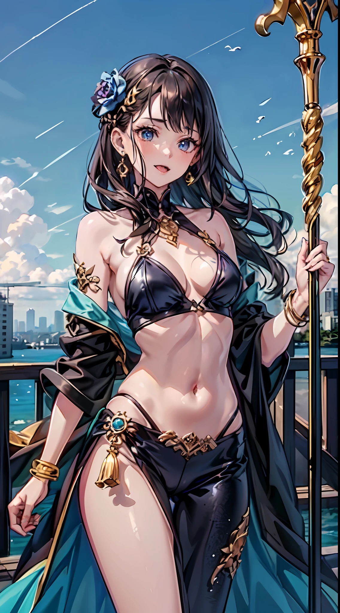 (((Masterpiece))),(((Best Quality))),(((Extremely Detailed))), Illustration, (High Resolution), High Quality, 1girl armor bare_shoulders bell belly_chain bikini_armor blue_eyes blue_fire blue_skin bracelet breasts chakram cleavage colored_skin earrings extra_arms female fire flower hair_ornament hair_ribbon jewelry large_breasts long_hair looking_at_viewer navel necklace neck_ring open_mouth polearm revealing_clothes ribbon sash smile solo standing sword thighs third_eye thumb_ring tongue tongue_out very_long_hair weapon white_hair