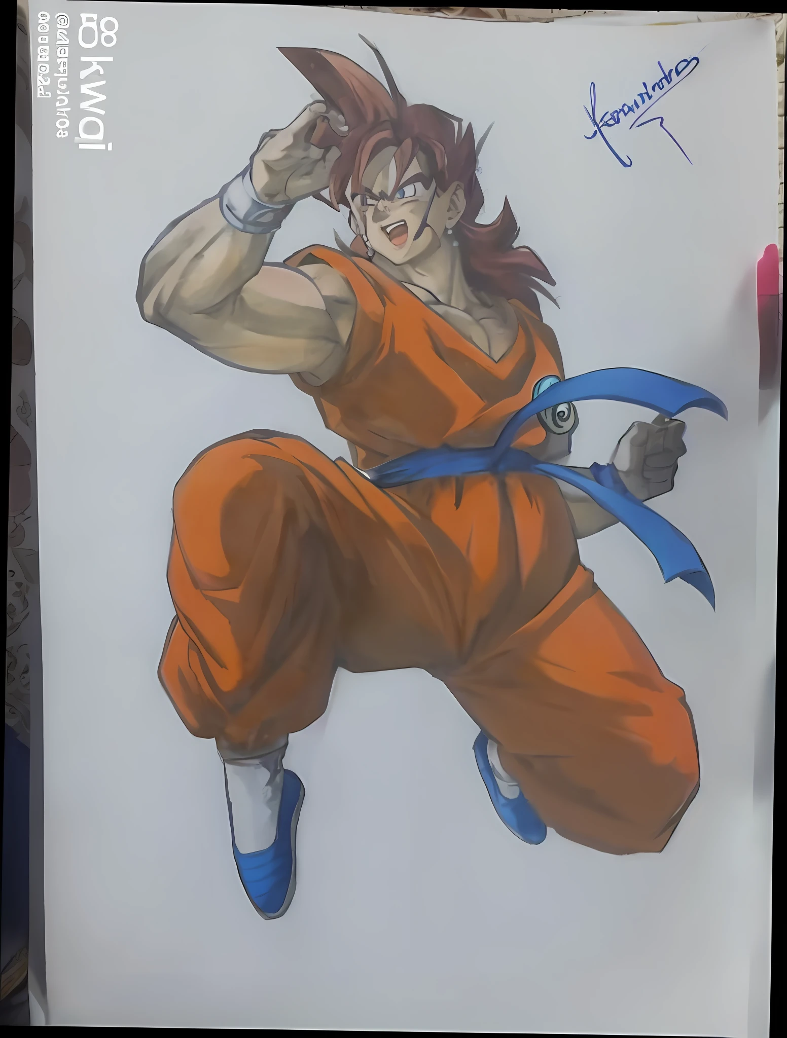 a close up of a drawing of a person with a sword, akira toriyama style, high quality colored sketch, inspired by Toriyama Sekien, inspired by Akira Toriyama, kentaro miura art, kentaro miura art style, goku from dragon ball, color drawing, full color drawing, dragon ball artstyle, anime cel