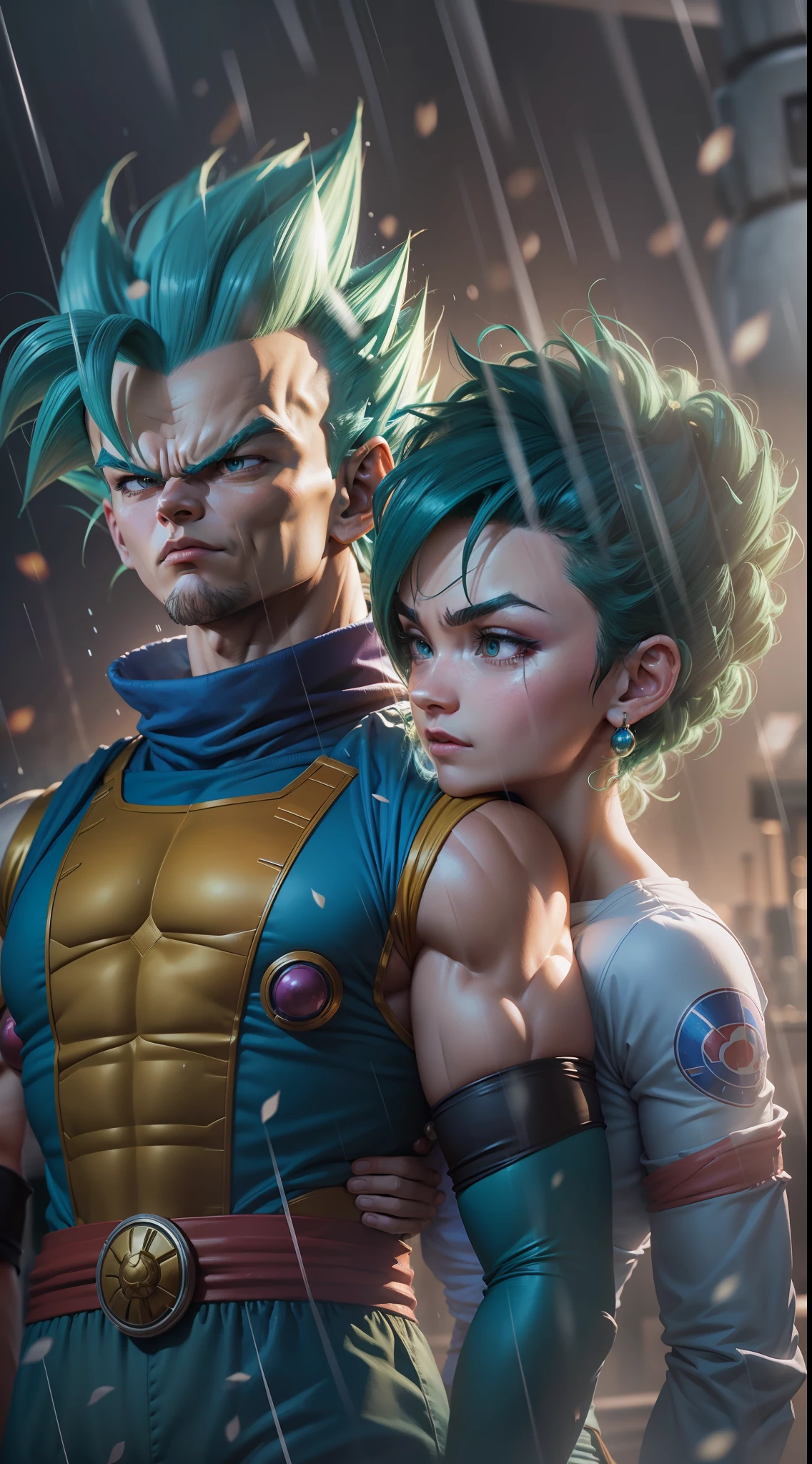 dragon ball super vegeta and bulma, super strong, muscular, raining, 35mm lens, photography, ultra details, precise texture details HDR, UHD,64K,