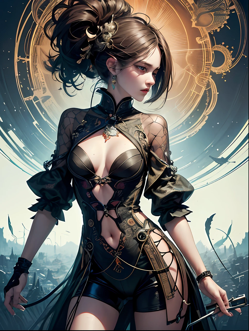 official art, unity 8k wallpaper, ultra detailed, beautiful and aesthetic, masterpiece, best quality, (zentangle, mandala, tangle, entangle), (fractal art:1.3) , 1girl, extremely detailed, dynamic angle, cowboyshot, the most beautiful form of chaos, elegant, a brutalist designed, vivid colours, romanticism, by james jean, roby dwi antono, ross tran, francis bacon, michal mraz, adrian ghenie, petra cortright, gerhard richter, takato yamamoto, ashley wood, atmospheric, ??????? of musical notes, streaming musical notes visible