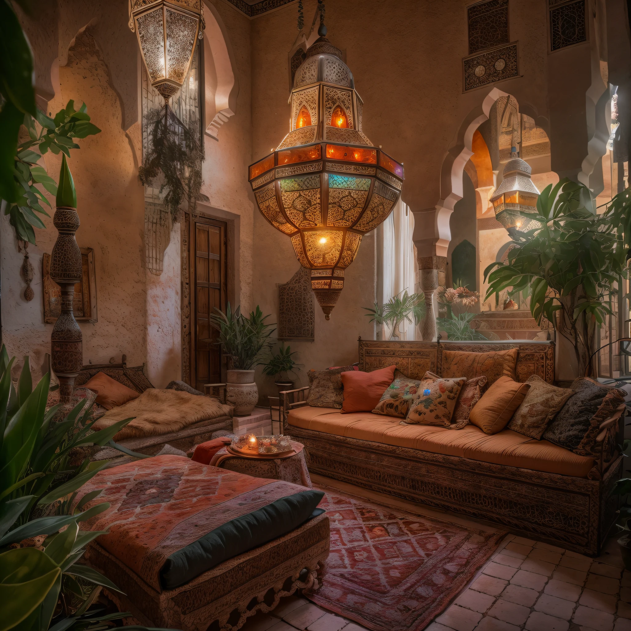 Moroccan salon, Amazigh pillows, chandelier, masterpiece, best quality, ultra high res, RAW, ((Riad)), Marrakech, Marrakesh, Moroccan lamps, (Photoluminescence), blooming flowers, clear, Cinematic RAW photo, hyper real photo, ultrarealistic, 8k uhd, dslr, soft lighting, high quality, film grain, Fujifilm XT3, photographed on a Kodak Retina II Sanyo Xacti VPC-CA6, 50mm lens, Wide Angle, HDR, hyper-realistic, colorgraded, volumetric lighting, [volumetric fog, moist], shallow depth of field, reflections, photo, (sparkling), glistening, (iridescent), glimmering, shimmering, mystical, enchanting, glittering, Morocco, exotic, (masterpiece) (best quality) (detailed) (8k) (HDR) (wallpaper) (cinematic lighting) (sharp focus) (intricate), romantic