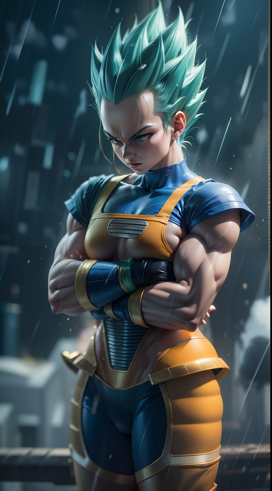 dragon ball super vegeta and bulma, super strong, muscular, raining, 35mm lens, photography, ultra details, precise texture details HDR, UHD,64K,