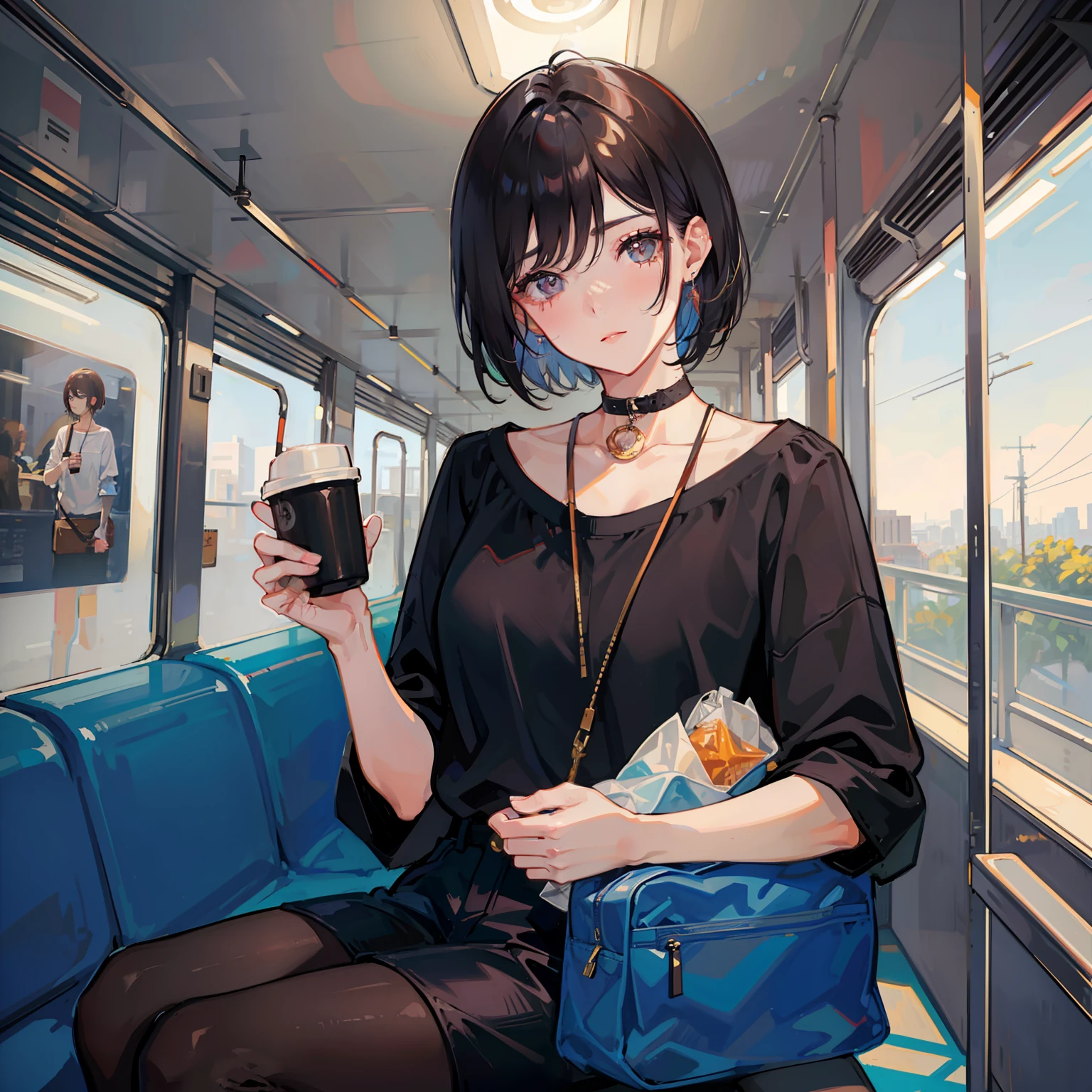 Girl with short hair shaved behind on the train drinking coffee and listening to music, tempo chuvoso, colorido, qualidade incrivel obra de arte