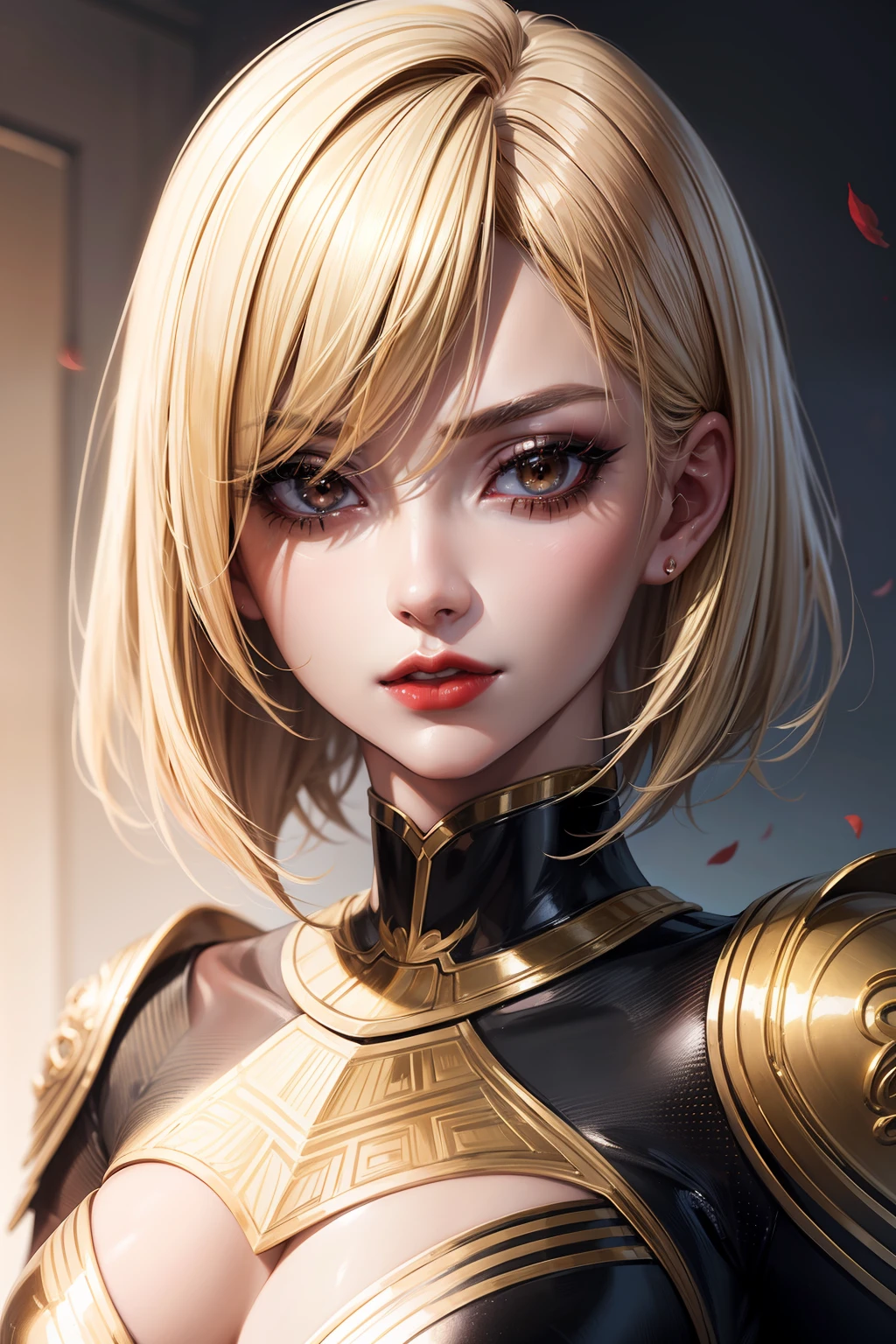 Bust portrait of anime beauty blonde girl (short Bob realistic hair), perfect face, realistic skin, red lips, in realistic Black & Gold tight combat body suit, ((((high detailed skin)))), ((beauty realistic eyes ))