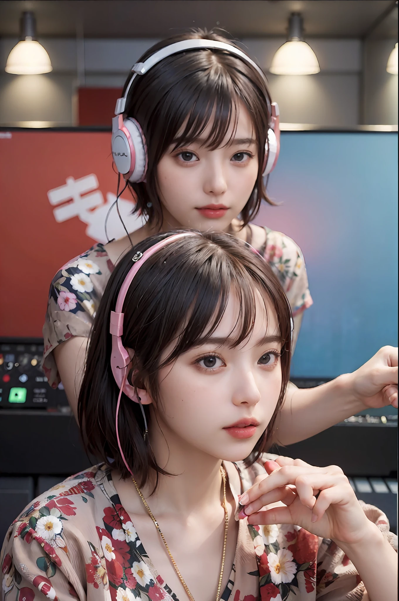 Best Quality, masutepiece, (Photorealistic:2), Ultra High Resolution, Highly detailed, A hyper-realistic, 1girl in, ((Red headphones)), (Longer dress), Floral pattern, colourfull_hair、(((very_Short_hair))), Short hair, Slim body, Full Shot, Looking at Viewer, ((Music Studio)),  Bright atmosphere, spot light, Detailed background