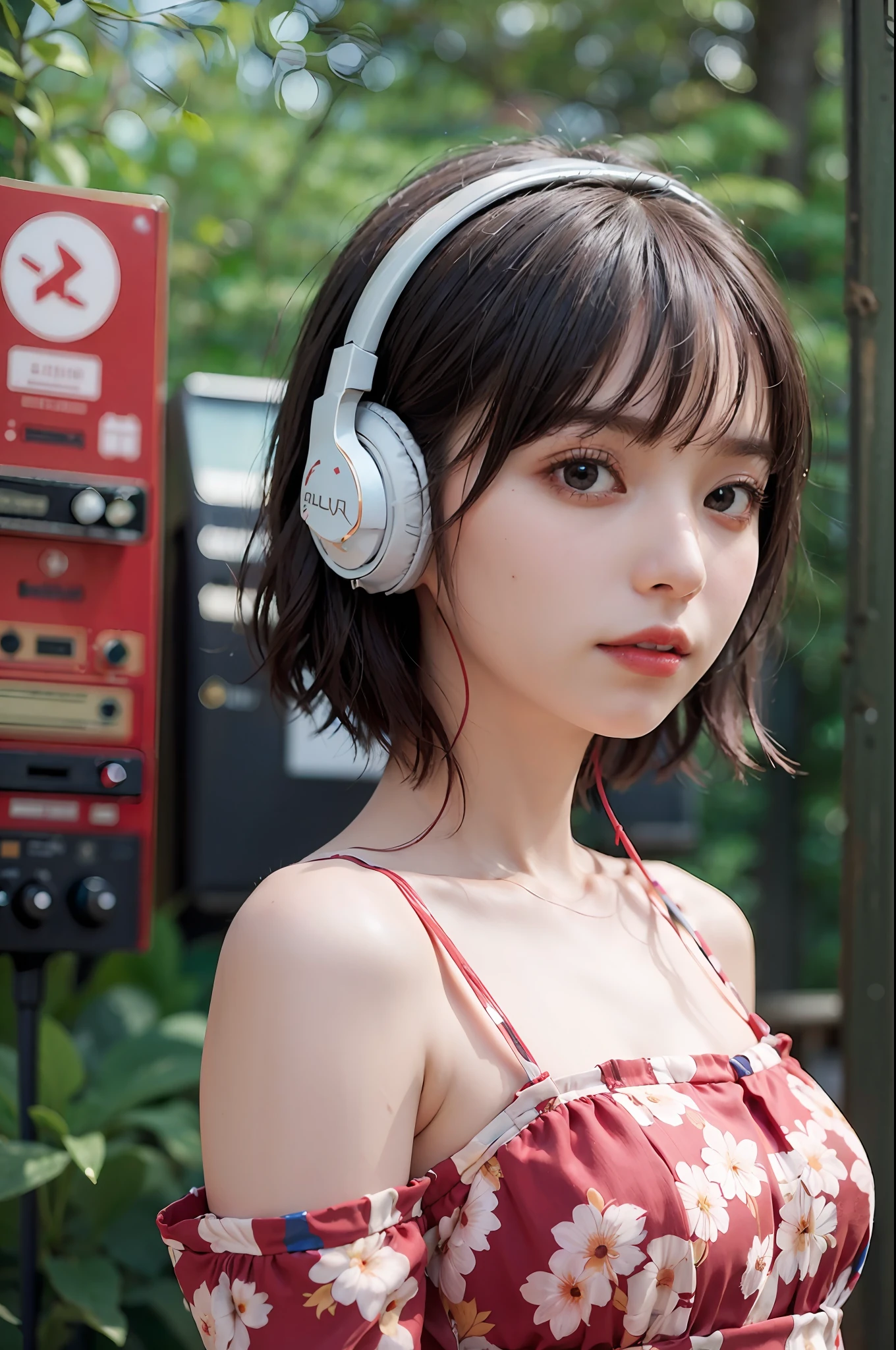 Best Quality, masutepiece, (Photorealistic:2), Ultra High Resolution, Highly detailed, A hyper-realistic, 1girl in, ((Red headphones)), (Longer dress), Floral pattern, colourfull_hair、(((very_Short_hair))), Short hair, Slim body, Full Shot, Looking at Viewer, ((Music Studio)),  Bright atmosphere, spot light, Detailed background