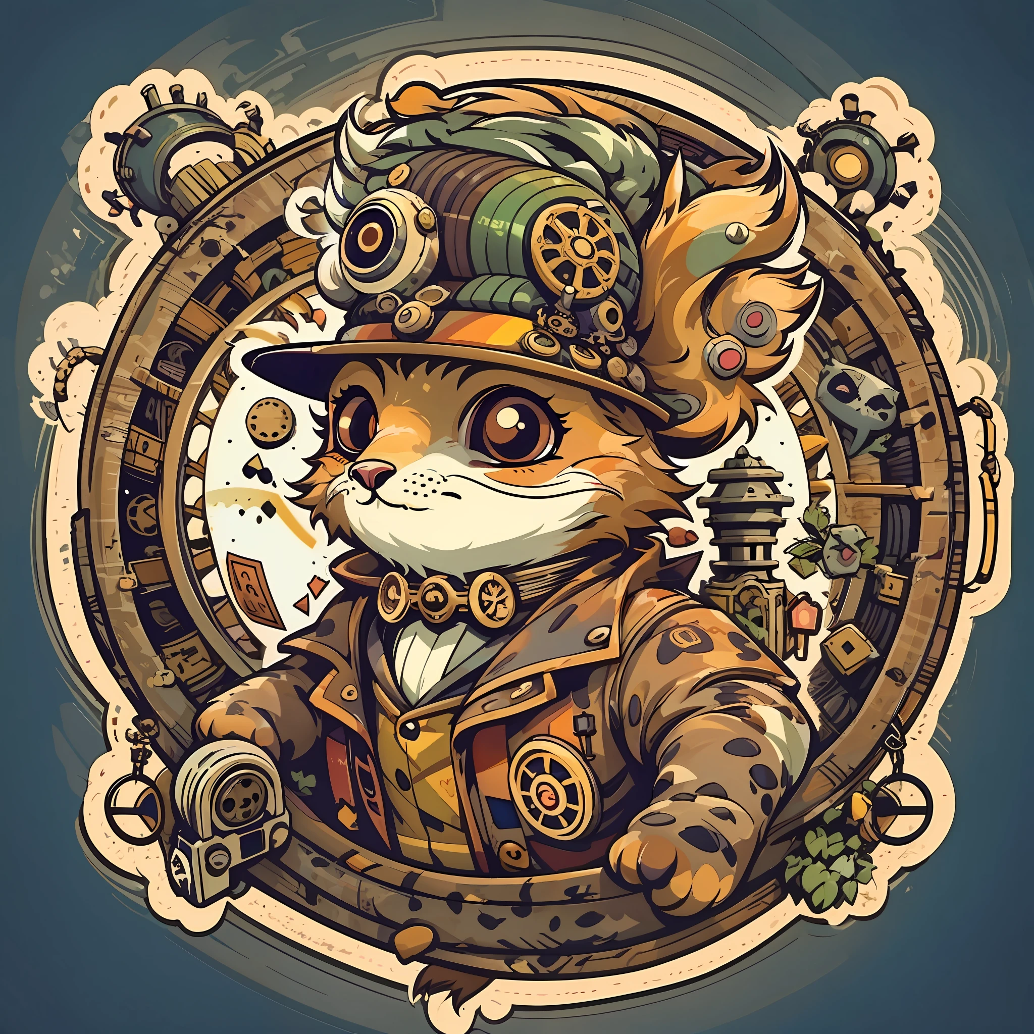 cute cartoon sticker of steampunk animal. vector art style. negative backgroung, 10 colors max, oltined white white border