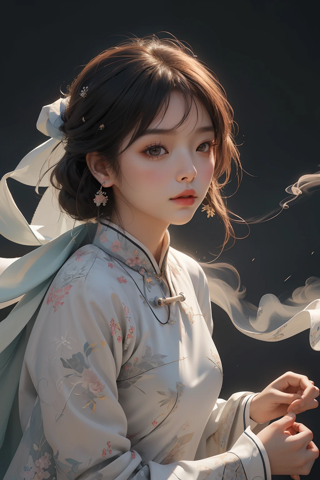 zhongfenghua, 1girl, solo, hanfu, ancient_chinese_architecture, flower field, blossom, (white smoke:1.3) (photorealistic:1.4), zentangle, mandala, entangle, official art, unity 8k wallpaper, ultra detailed, beautiful and aesthetic, masterpiece,best quality, (dynamic angle:1.4), glowing skin, (floating colorful sparkles:1) the most beautiful form of chaos, elegant, a brutalist designed, vivid colours, romanticism depth of field exotic_dance