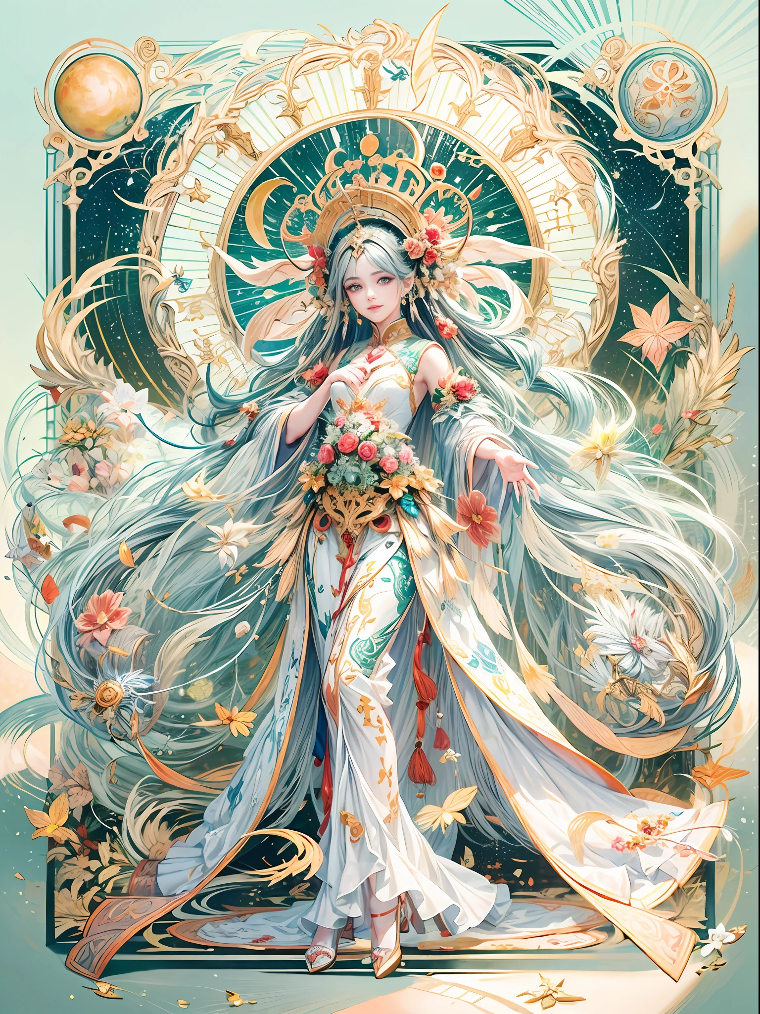 （tarot card:1.5),(Graphic illustration:1.4, paper art, Quilted paper art, geomerty),rotational symmetry, (full-body shot:1.4), (Chang'e , moon, halo, exquisite headdress, smile), White background,  (Chinese colors, senior color matching), ( bokeh, Out of Focus, Soft Lighting, movie lighting, God Ray, UHD)