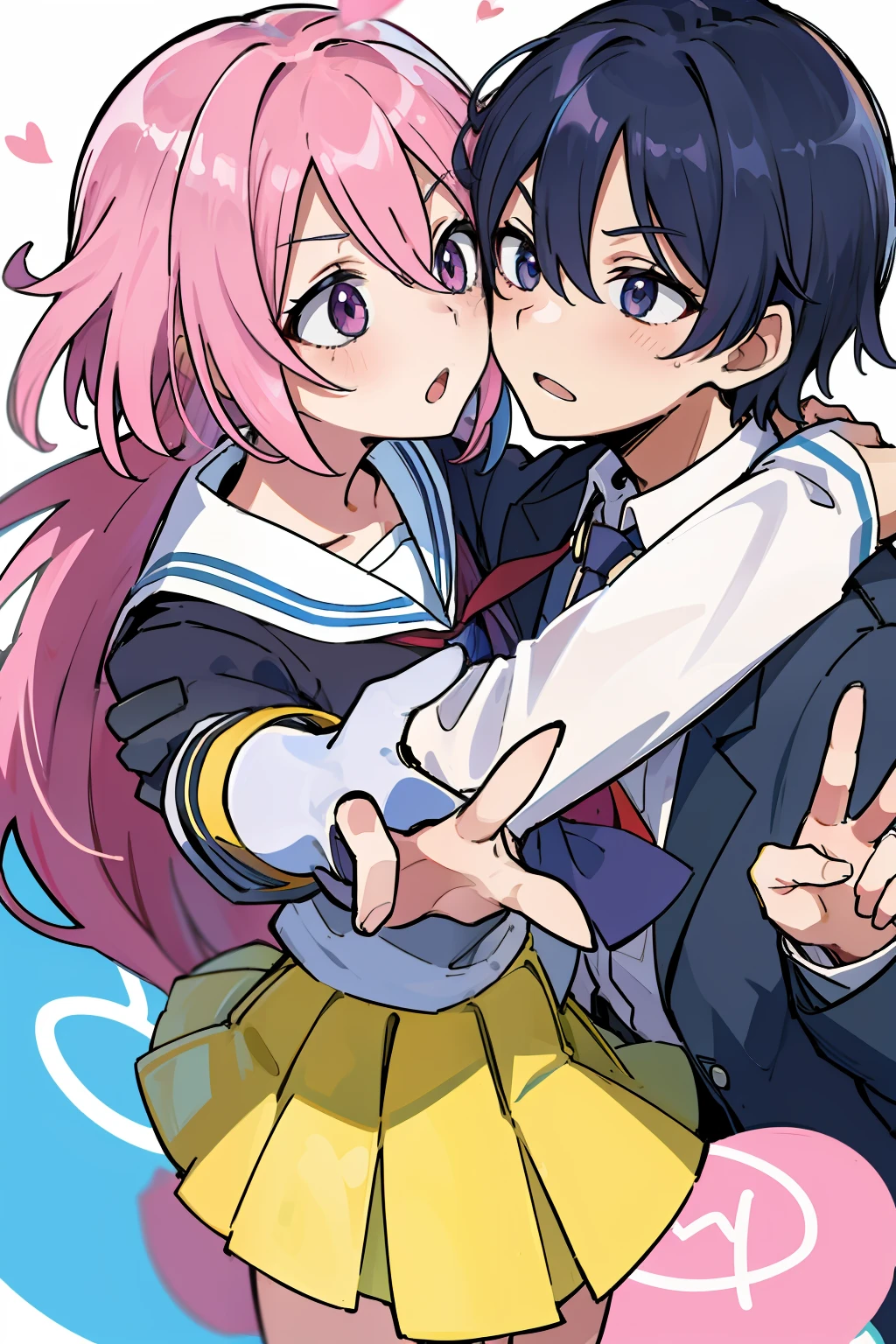 ((extremelydetailedCG)),((8K_Wallpaper)),(((masutepiece))),((top-quality)), ((Couple in love)), Two are kissing、1male people,School run,Regent、 Each of them has its characteristic movements and powers, Such as, Playfulness and dynamic, With vivid colors and exaggerated expressions. While maintaining overall uniformity、Incorporate elements from each anime world、school background
