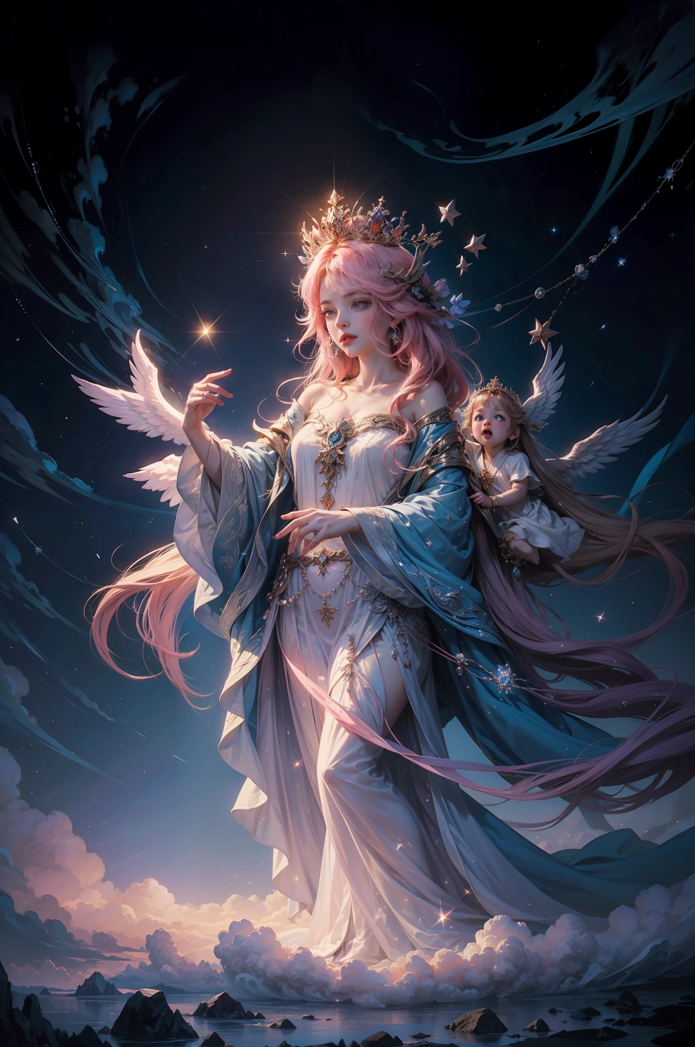 a goddess frolicking in the sky playing with the clouds and stars, night sky, but she has a aura of light surrounding her. She wears a big ethereal crown as well as long robes. the picture is surrounded by cute angels and cherubs, pink and white colors, contrasting by the dark blue sky,