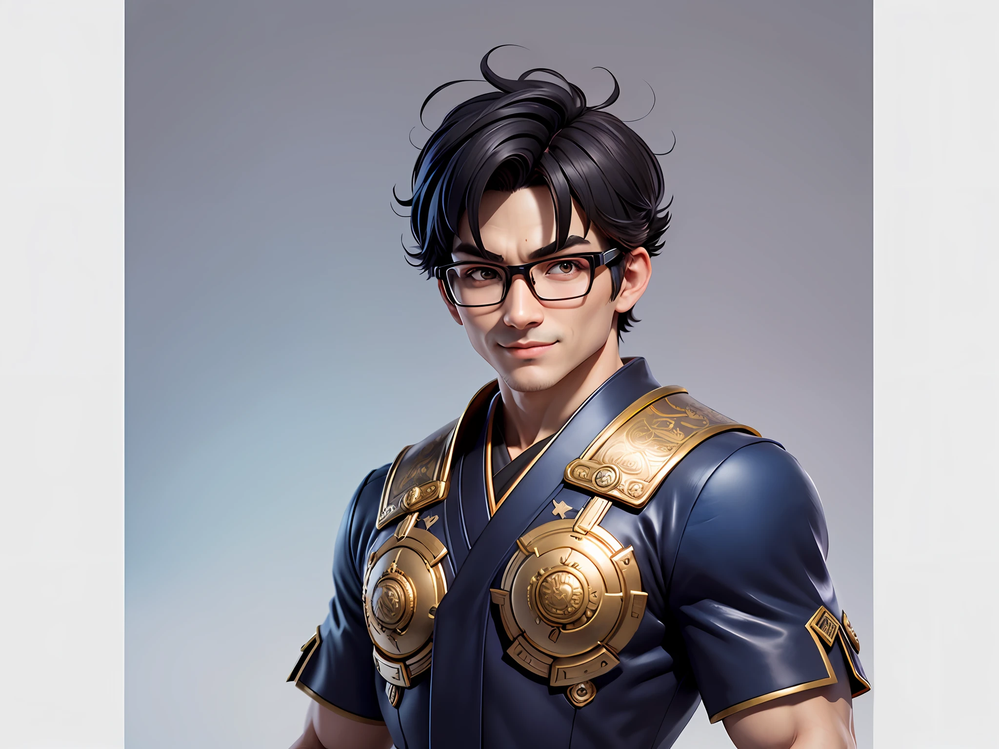 (Masterpiece), (Excellent), (Super Meticulous), (Full Body: 1.2), Super Young Man with Japanese Female Geisha, Pretty, Beautiful, Chinese Dragon, Tiger, Wind God Thor, Sexy, Bursting, Oriental Face, TV Anchor, Bust Portrait Illustration, Black Suit, Blue Tie, Slightly Chubby Face, Silver Glasses, Very Clean Face, No Beard on Chin, Black Super Short Hair, Black Eyes, Confident Smile, 3c Computer Sub-Products, iPad, iPhone, Digital Painting, 3D character design by Mark Clairedon and Pixar and Hayao Miyazaki and Akira Toriyama, the illustrations are HD illustrations in 4K resolution with highly detailed facial features and cartoon-style visuals.