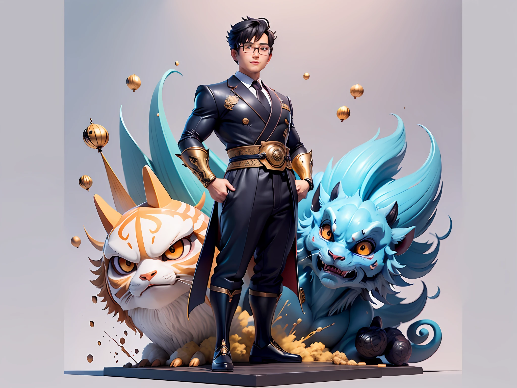 (Masterpiece), (Excellent), (Super Meticulous), (Full Body: 1.2), Super Young Man with Japanese Female Geisha, Pretty, Beautiful, Chinese Dragon, Tiger, Wind God Thor, Sexy, Bursting, Oriental Face, TV Anchor, Bust Portrait Illustration, Black Suit, Blue Tie, Slightly Chubby Face, Silver Glasses, Very Clean Face, No Beard on Chin, Black Super Short Hair, Black Eyes, Confident Smile, 3c Computer Sub-Products, iPad, iPhone, Digital Painting, 3D character design by Mark Clairedon and Pixar and Hayao Miyazaki and Akira Toriyama, the illustrations are HD illustrations in 4K resolution with highly detailed facial features and cartoon-style visuals.