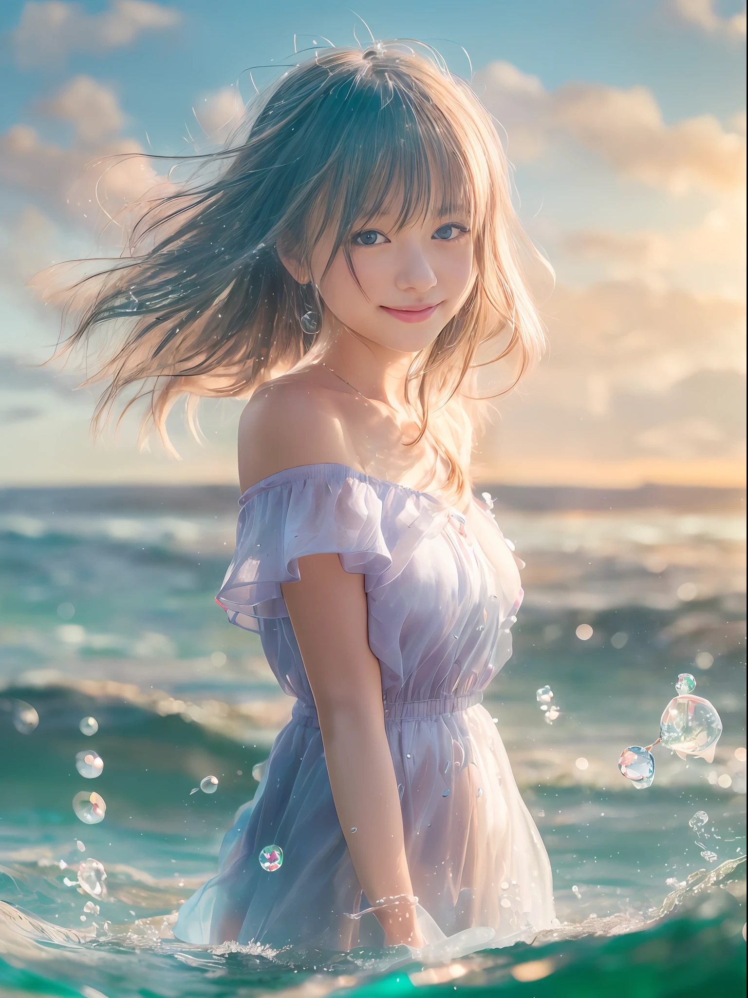 Cornflower Art、dream-like
(Petite girl with beautiful eyes。The depth of field in the photos is perfect、Lens flare added a nice touch。The features of the details of her face really stood out and、、、、、、、The score of this photo was definitely over 10。In the background、There was a beautiful sea with crystal clear water and water droplets floating。It was a stunning photo that really captured the beauty of the girl and the water　full body Esbian　Standing posture　Happy smile　Looking at the camera　The background is bokeh　Shot from bottom to top　Orange sunset　shores　beach side　Hands behind your back　Happy smile