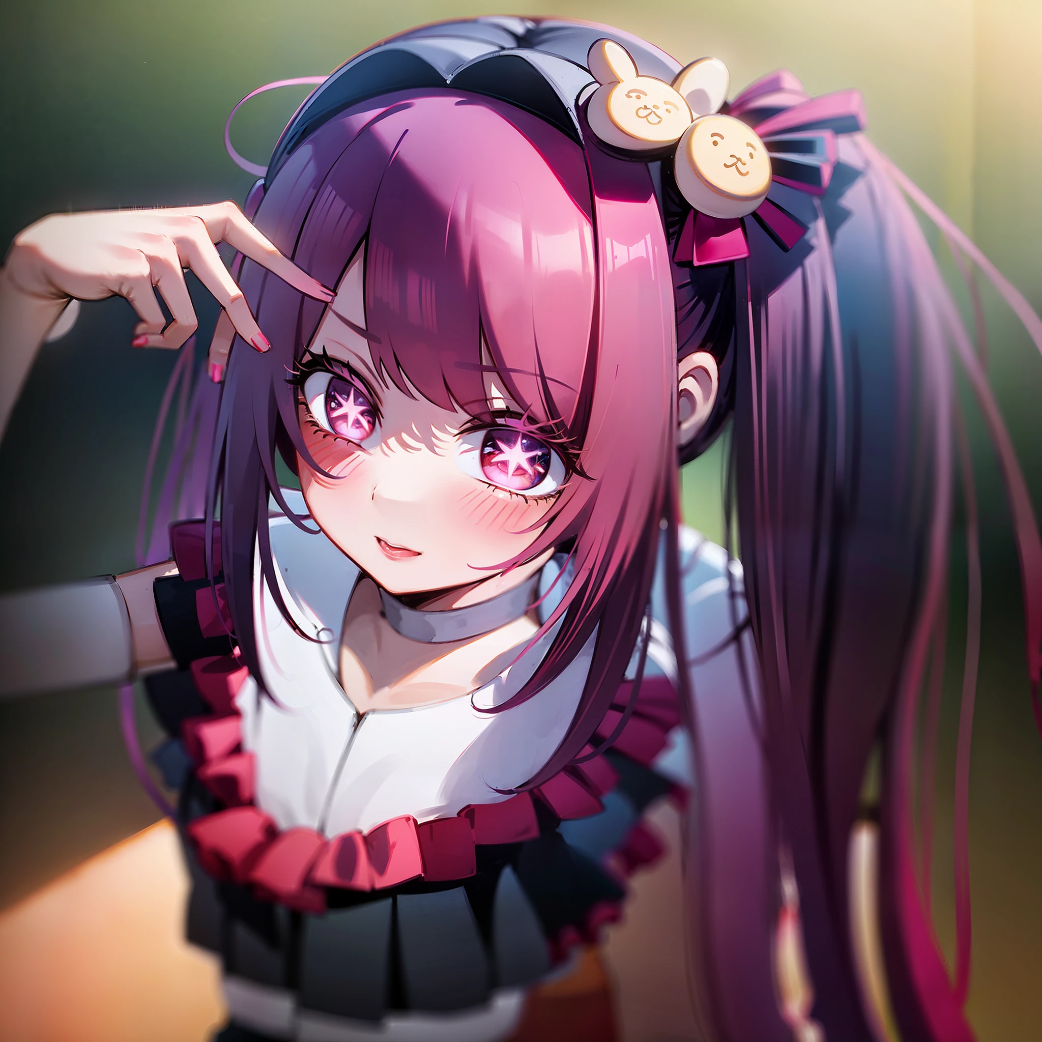 best quality, 4k, ((masterpiece)), extremely detailed, 8k, Hoshino, High Detail, Sharp focus, 1girl, solo, hair, straight magenta hair that is tied into twin tails, laced with red ribbons, gradient dark-red eyes((detailed eyes)), having a well-endowed figure, star-shaped pupils, hair ornament, idol clothes