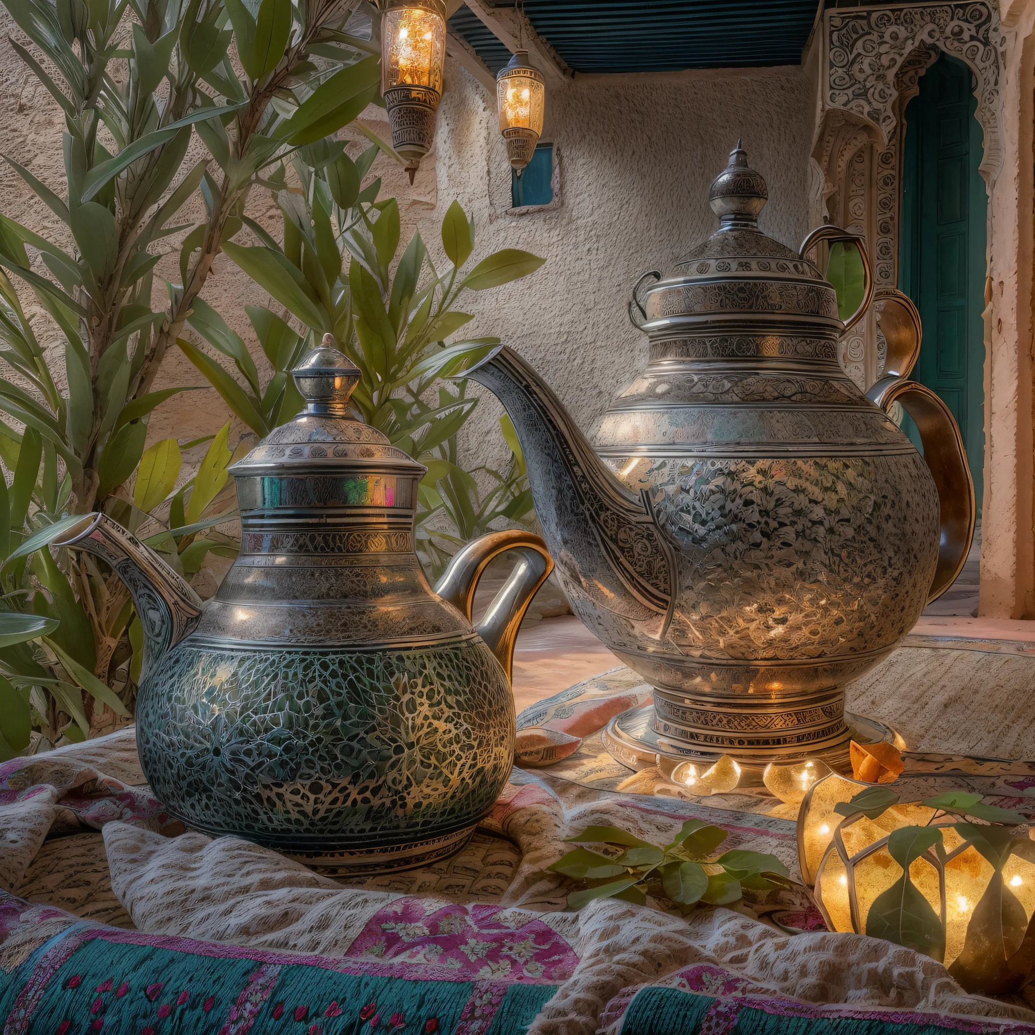 Moroccan sedari, souk style furniture, Zellij, silver teapot, mint leaves, celestial, masterpiece, best quality, ultra high res, RAW, ((Riad)), ((riad rooftop)), Marrakech, Marrakesh, medina, Moroccan lamps, (Photoluminescence), blooming flowers, clear, Cinematic RAW photo, hyper real photo, ultrarealistic, 8k uhd, dslr, soft lighting, high quality, film grain, Fujifilm XT3, photographed on a Kodak Retina II Sanyo Xacti VPC-CA6, 50mm lens, Wide Angle, HDR, hyper-realistic, colorgraded, volumetric lighting, [volumetric fog, moist], shallow depth of field, reflections, photo, (sparkling), glistening, (iridescent), glimmering, shimmering, mystical, enchanting, glittering, Morocco, exotic, (masterpiece) (best quality) (detailed) (8k) (HDR) (wallpaper) (cinematic lighting) (sharp focus) (intricate), romantic, tourists