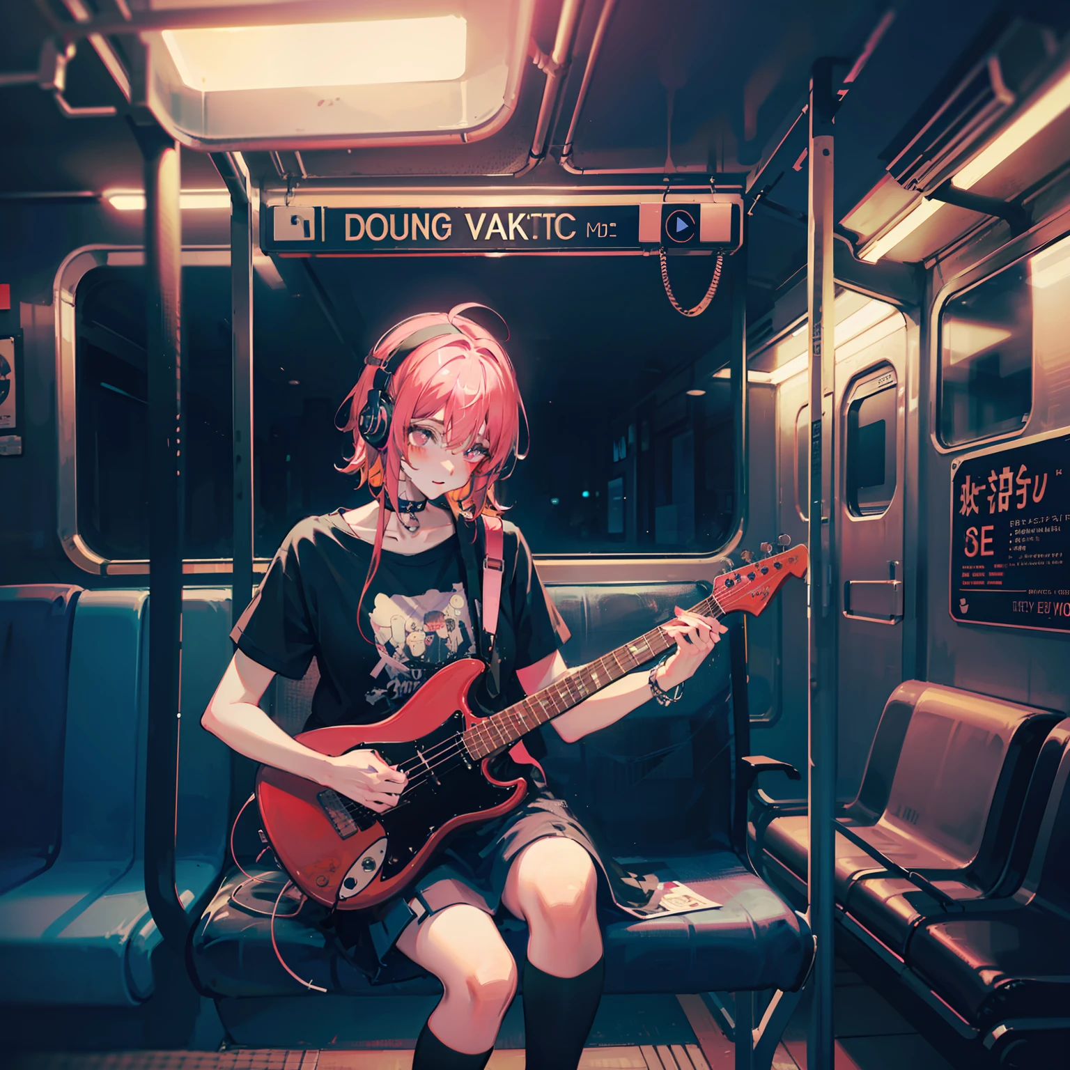 Punk girl listening to music on the subway midnight, chuva, neon, lo fi