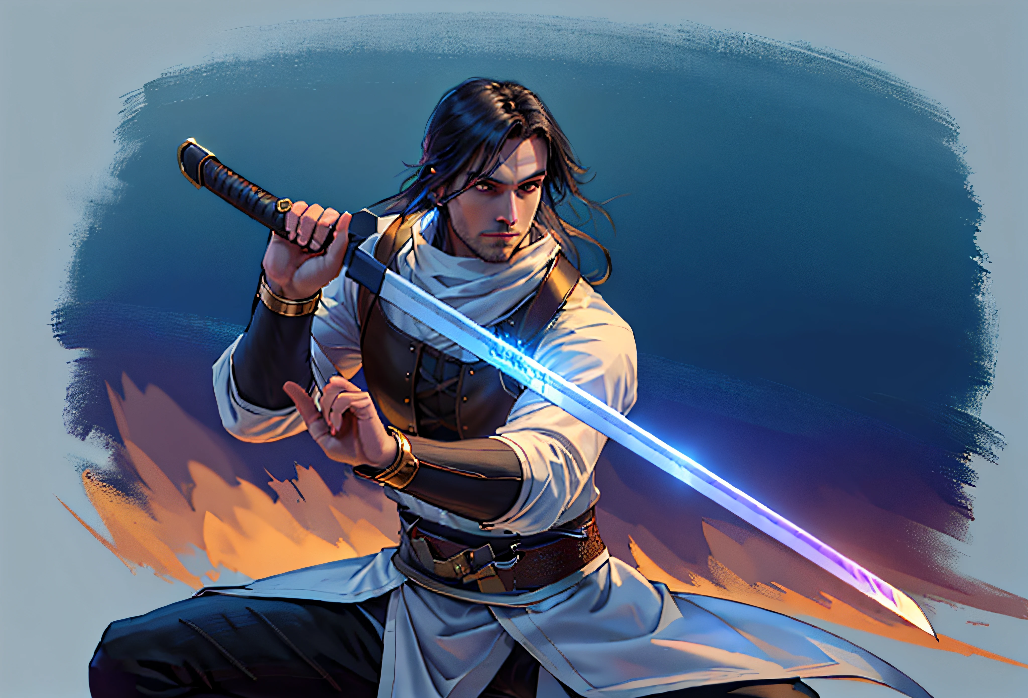 a drawing of a man with a sword in his hand, with large sword, dramatic wielding katana pose, He was holding a katana, dramatic wielding sword pose, Holding a long sword, lineart behance hd, Extremely fine details, White clothes, Black bib, Black bracers, Long black hair, Handsome face, Sharp eyes, Dark gold belt,