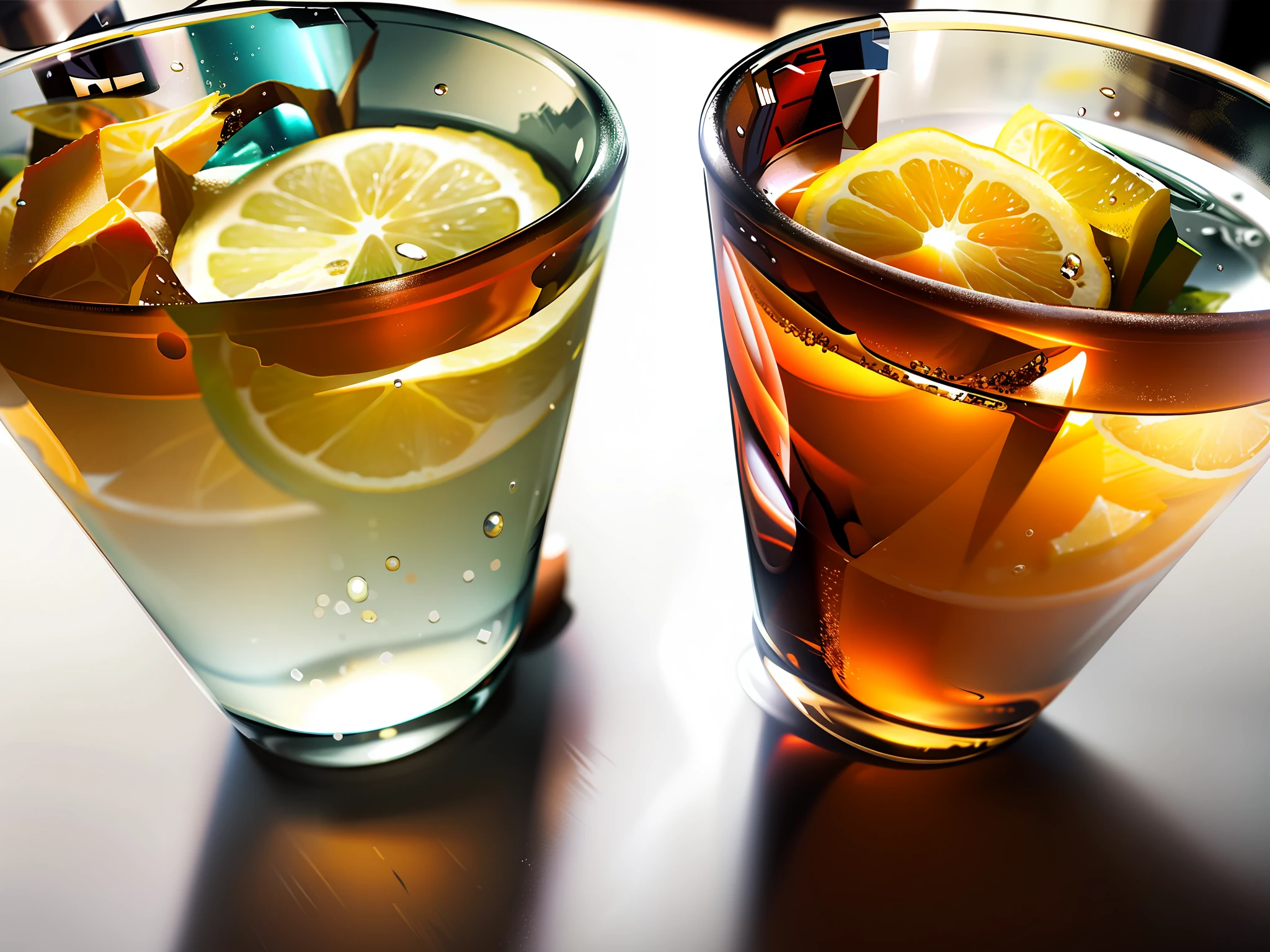 By Shinkai Makoto、animesque、high-level image quality、glass、Have 2 glasses of lemonade and lemon slices, drinks, cool drink, Drink, by Tom Wänerstrand, lemonade, Hazy water, Not blurry, smooth in the background, Split in half