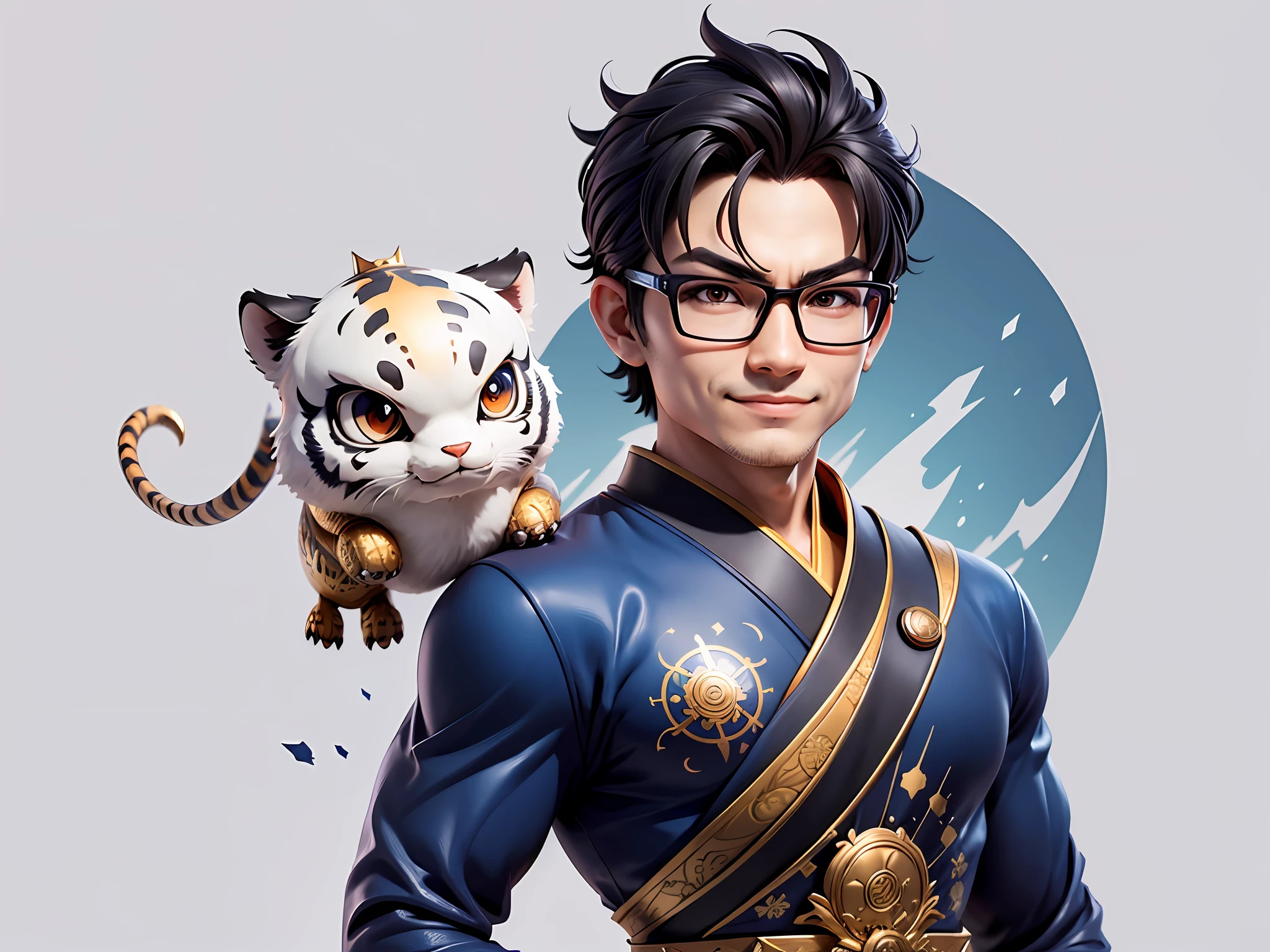 (Masterpiece), (Excellent), (Super Meticulous), (Full Body: 1.2), Super Young Man with Japanese Female Geisha, Pretty, Beautiful, Chinese Dragon, Tiger, Wind God Thor, Sexy, Bursting, Oriental Face, TV Anchor, Bust Portrait Illustration, Black Suit, Blue Tie, Slightly Chubby Face, Silver Glasses, Very Clean Face, No Beard on Chin, Black Super Short Hair, Black Eyes, Confident Smile, 3c Computer Sub-Products, iPad, iPhone, Digital Painting, 3D character design by Mark Clairedon and Pixar and Hayao Miyazaki and Akira Toriyama, the illustrations are HD illustrations in 4K resolution with highly detailed facial features and cartoon-style visuals.