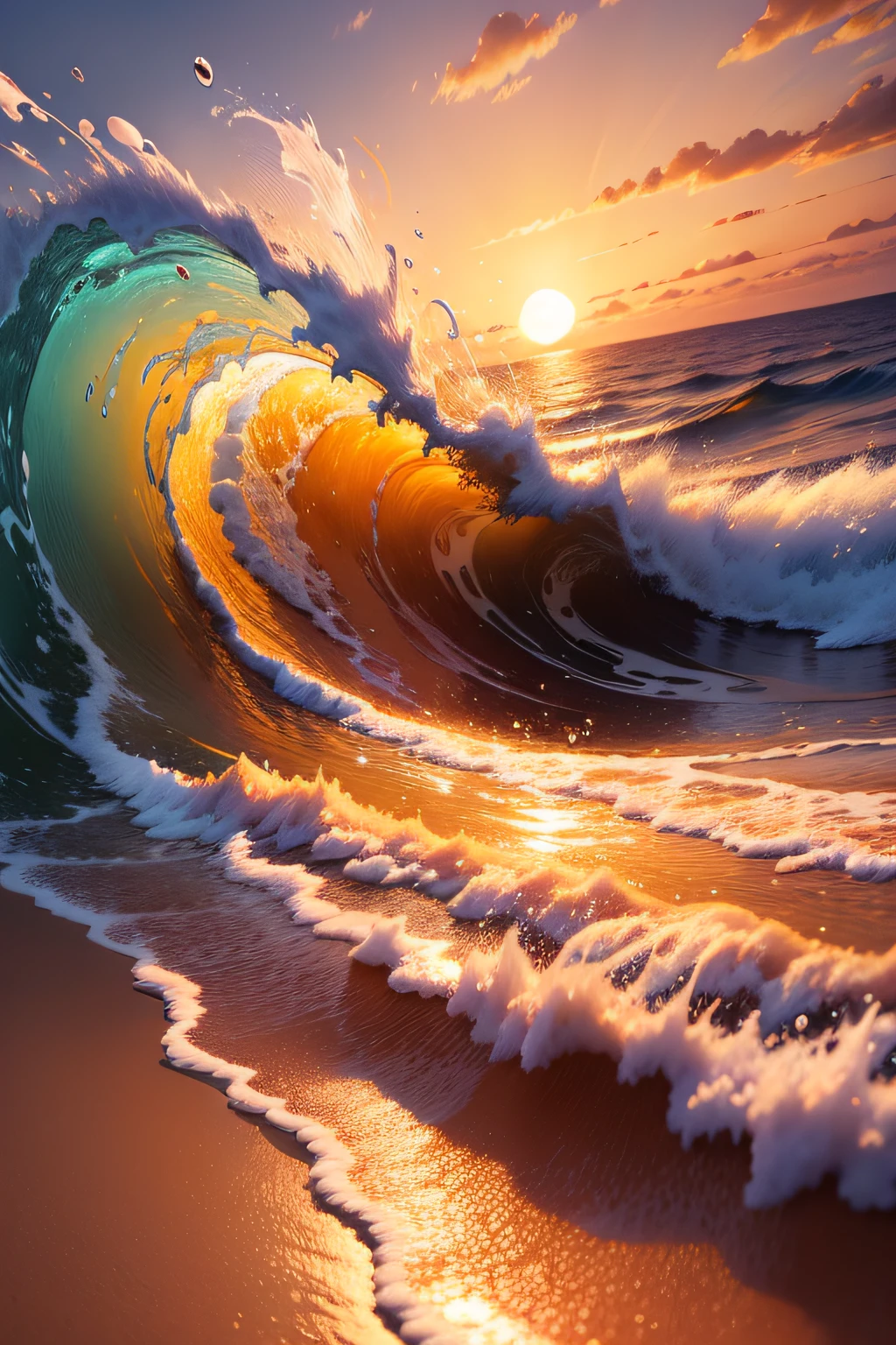Masterpiece, best quality, (8k very detailed CG unit wallpaper) (best quality), (best illustration), (best shadows) a golden sea wave, bright orange aol sunset through the wave, golden droplets flying, (:1.6)