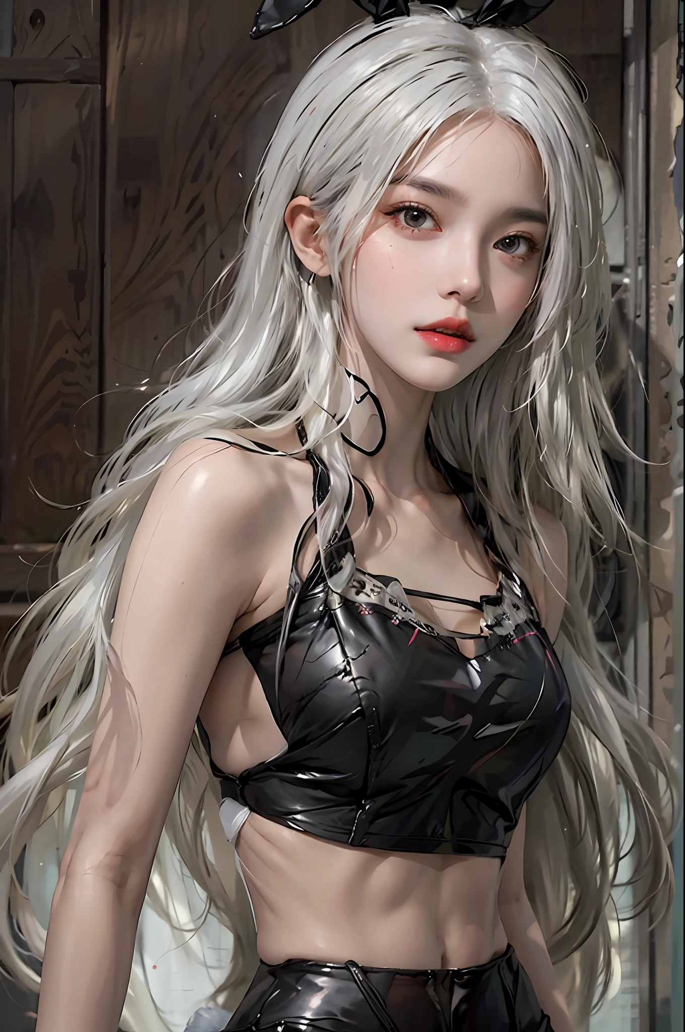 photorealistic, high resolution, 1women, solo, hips up, look at viewer, (detailed face), white hair, long hair, black playboy bunny outfit