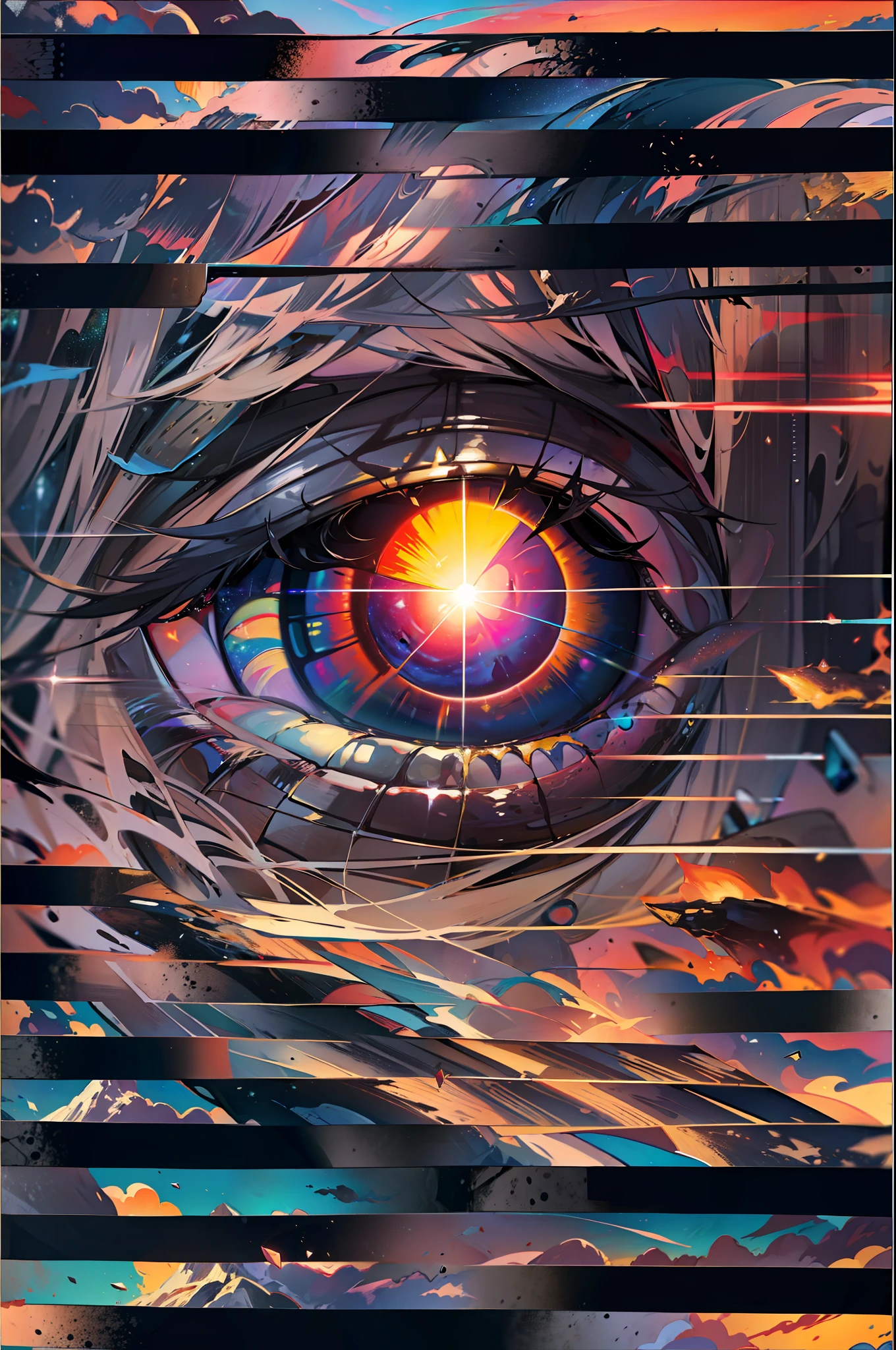 dreamlikeart, [light, paint, jwst, spiral galaxy, cosmic horrors beyond comprehension:ink, shadow,:0.25], big man, eyes, pupils, dublex, mountainous horizon, sun, [glitch|databending]