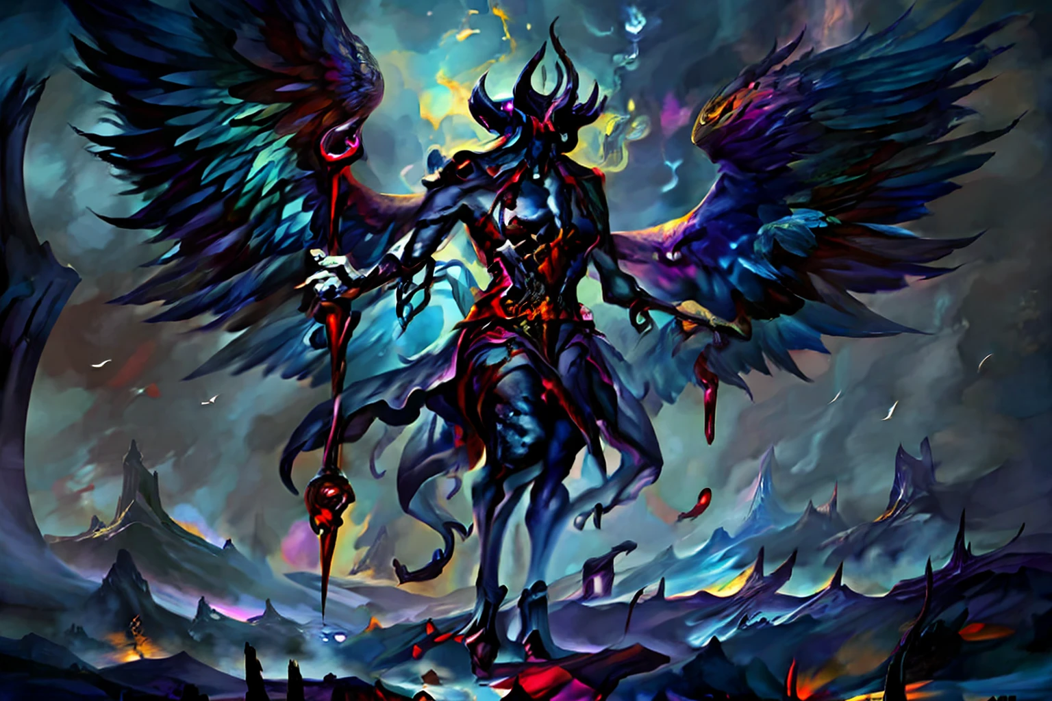 a close up of a demonic creature with wings and blood, dark fantasy style art, in style of dark fantasy art, dark fantasy art, dark fantasy horror art, an ominous fantasy illustration, fantasy dark art, dark fantasy concept art, fenrir, winged wolves, a minotaur wolf, dark fantasy artwork, demonic creature, symmetrical epic fantasy art, gothic fantasy art