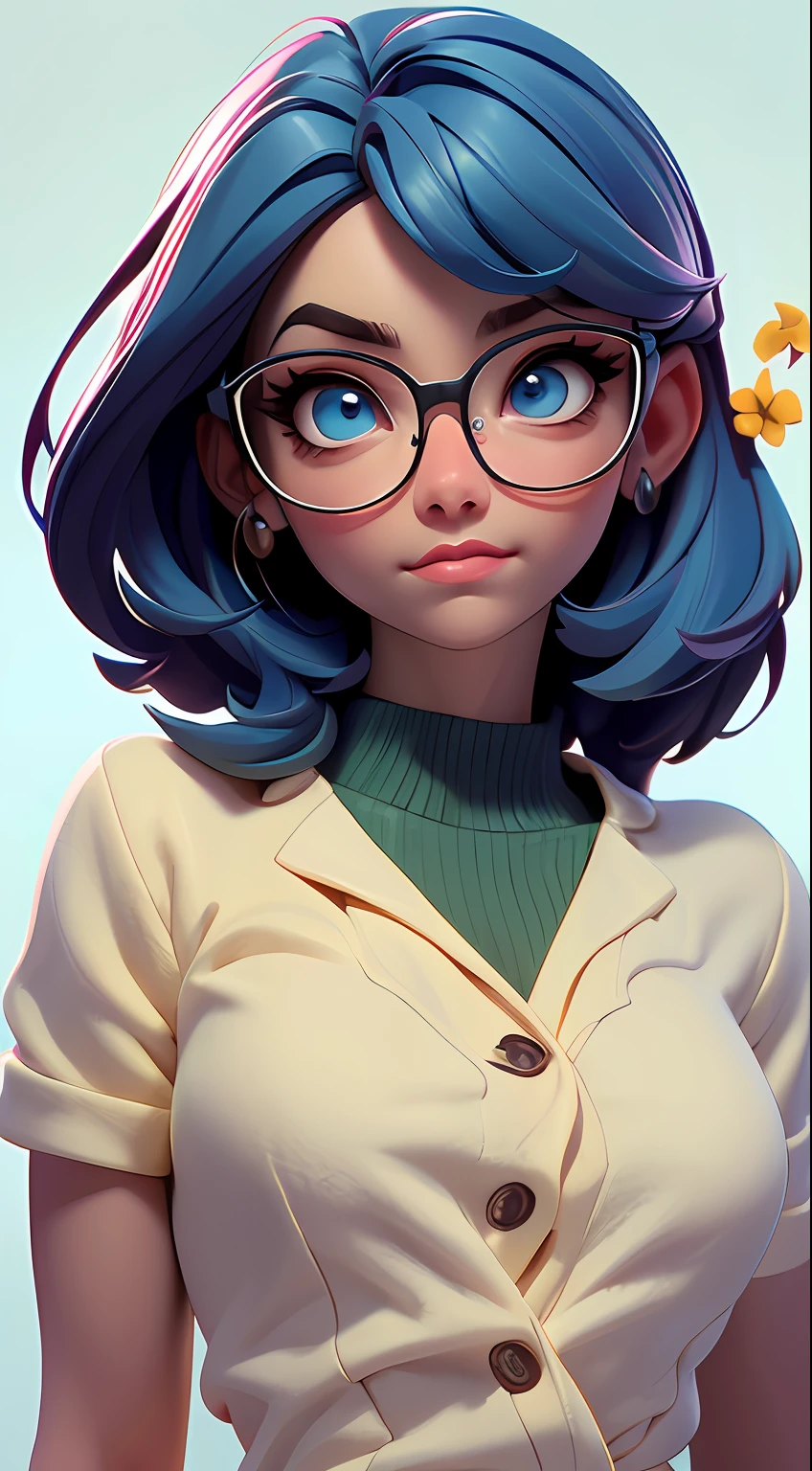 (Melhor Qualidade, Obra-Prima), 1girl, Pose, Eyeglasses, Vento, Flor, Parte completa do Corpo, Esquema de Cores Branco e Rosa, Fundo Simples, Olhe para o Espectador