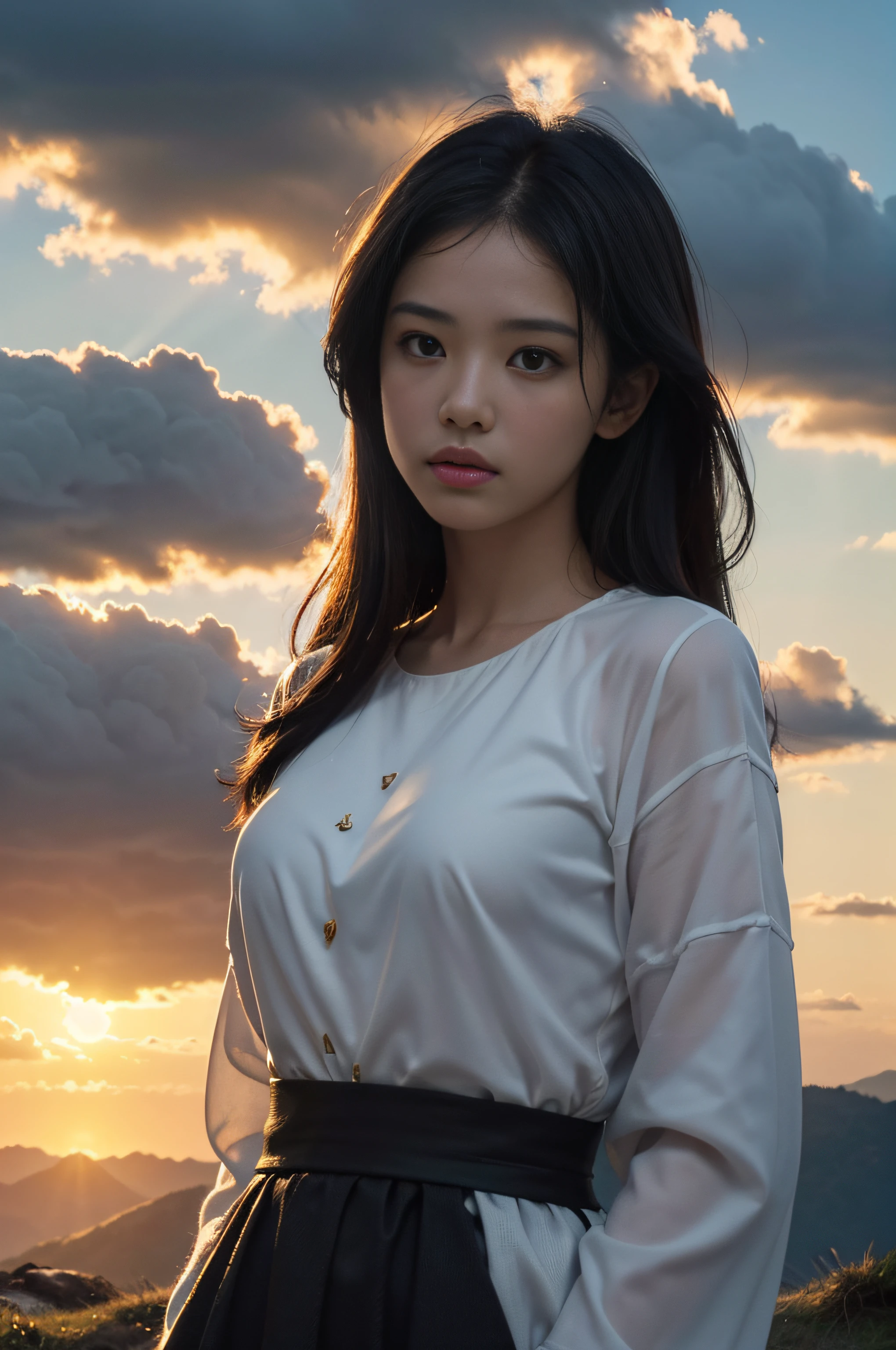 (8k wallpaper, .primitive, Photorealistic:1.25) ,( glossy side,, Best quality, Ultra-high resolution, Depth of field, color difference, Caustics, Special light) ,1 girl standing on top of a hill,sunraise,Golden clouds