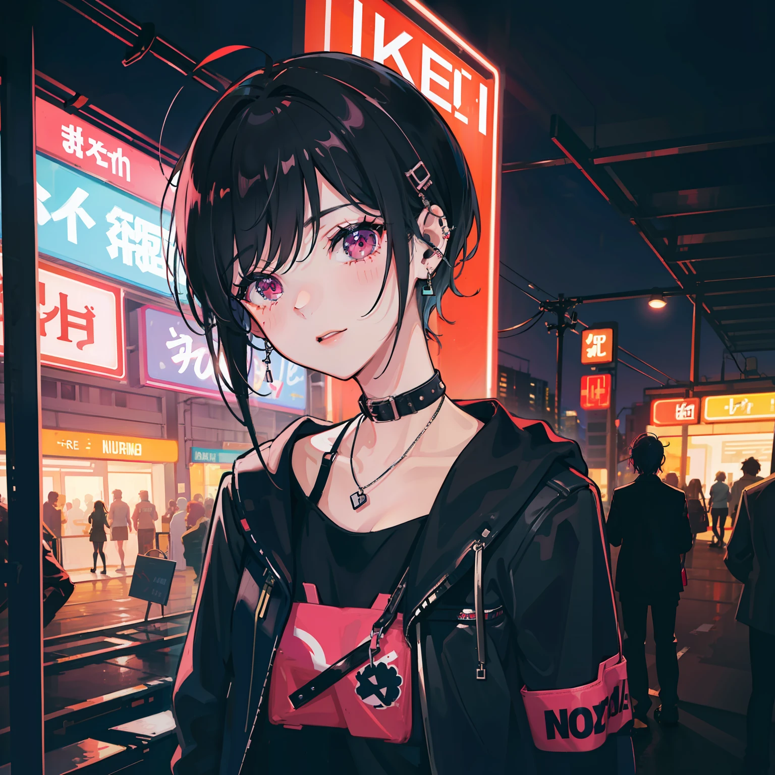 Mature punk girl listening to music on midnight subway, Chuva, neon light, lo fi, amazing quality