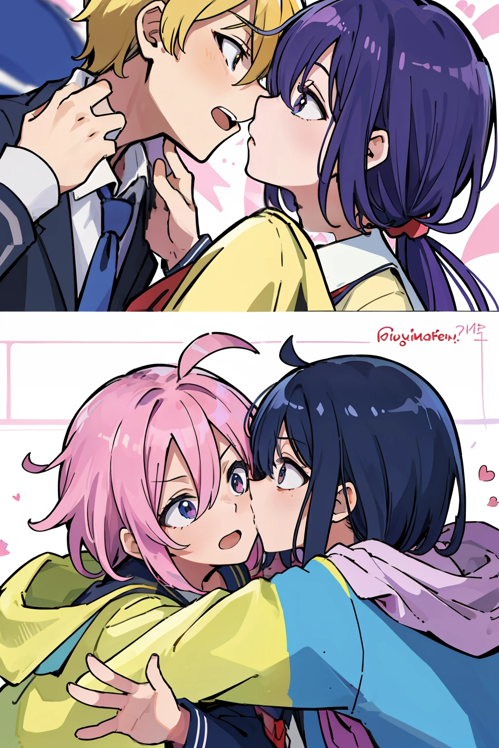 ((extremelydetailedCG)),((8K_Wallpaper)),(((masutepiece))),((top-quality)), ((Couple in love)),  The two are kissing、1male people,School run,Regent、 Each of them has its characteristic movements and powers, Such as, Playfulness and dynamic, With vivid colors and exaggerated expressions. While maintaining overall uniformity、Incorporate elements from each anime world、school  background