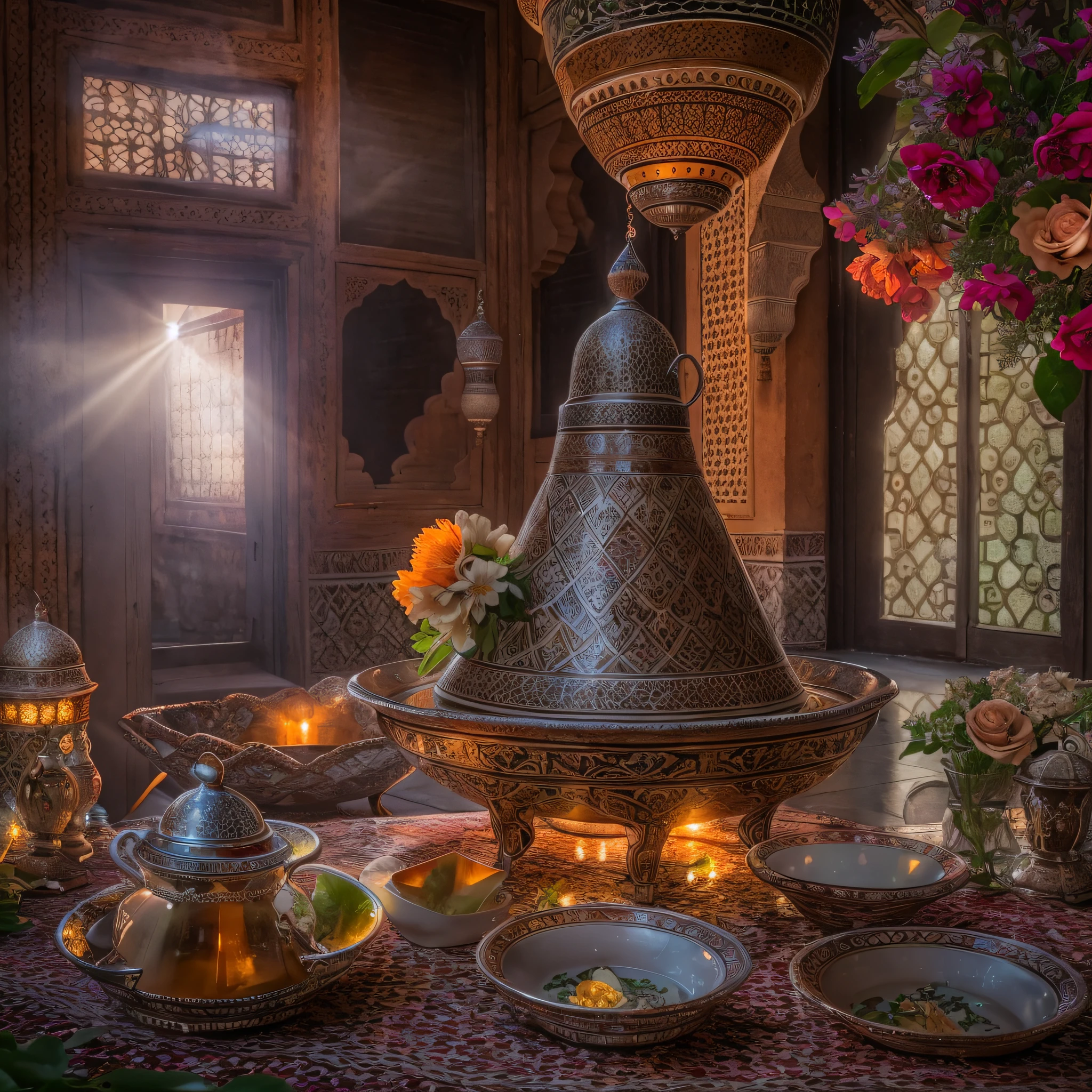 Moroccan tagine meal, Moroccans in traditional dress pouring tea, sunset, steam, masterpiece, best quality, ultra high res, RAW, ((Riad)), ((riad rooftop)), Marrakech, Marrakesh, moroccan lamps, (Photoluminescence), ((blooming flowers)), clear, Cinematic RAW photo, hyper real photo, ultrarealistic, 8k uhd, dslr, soft lighting, high quality, film grain, Fujifilm XT3, photographed on a Kodak Retina II Sanyo Xacti VPC-CA6, 50mm lens, Wide Angle, HDR, hyper-realistic, colorgraded, volumetric lighting, [volumetric fog, moist], shallow depth of field, reflections, photo, (sparkling), glistening, (iridescent), glimmering, shimmering, mystical, enchanting, glittering, Morocco, exotic, (masterpiece) (best quality) (detailed) (8k) (HDR) (wallpaper) (cinematic lighting) (sharp focus) (intricate), romantic