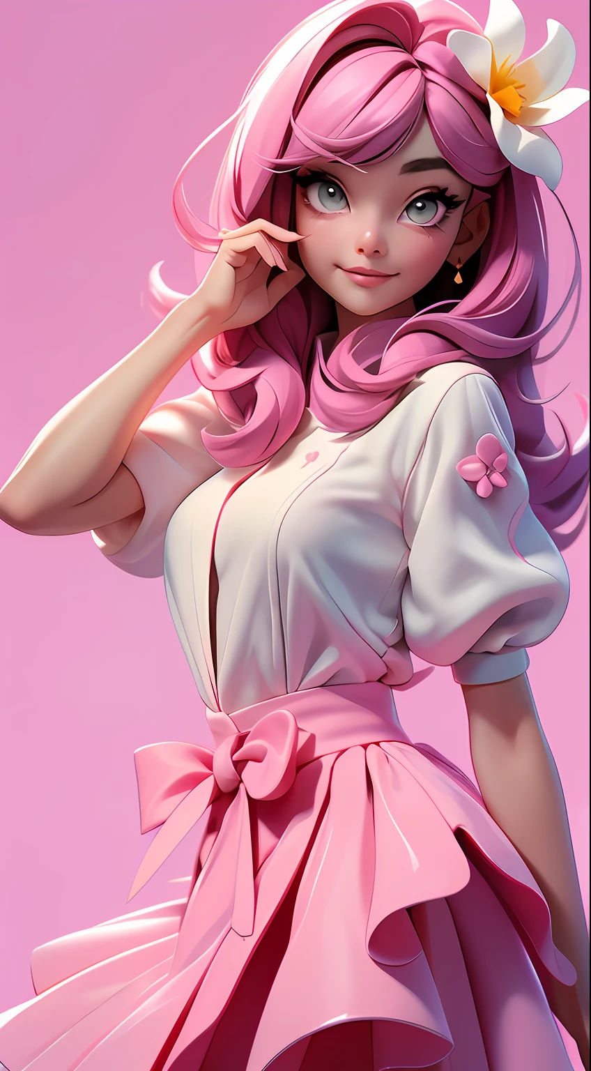 (Best Quality, Masterpiece), 1girl, Pose, Wind, Flower, Upper Body, White and Pink Color Scheme, Simple Background, Look at the Viewer