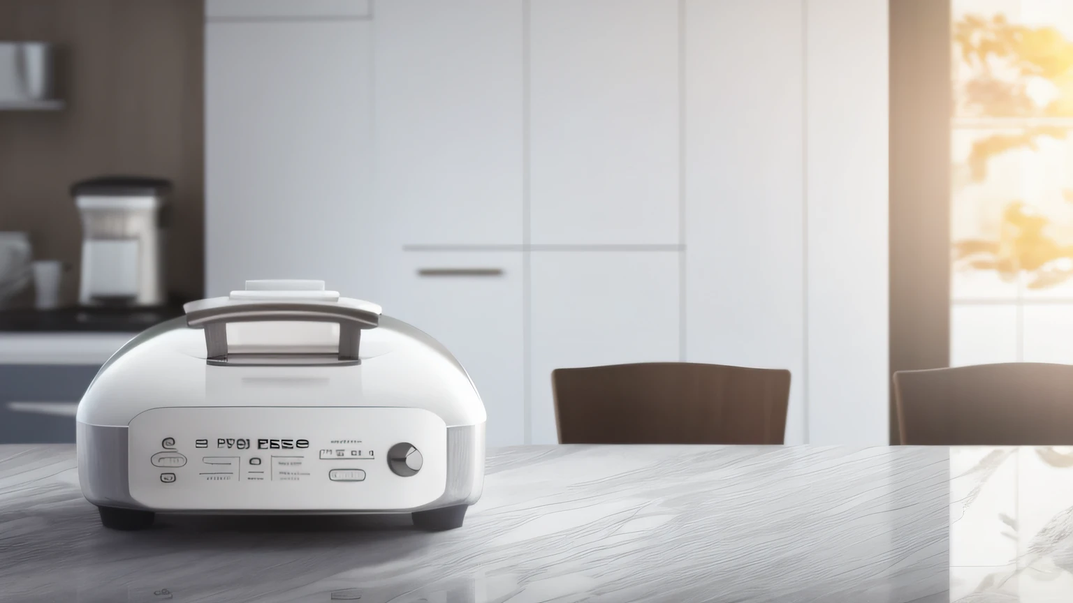 a food processor sitting on top of a counter top next to plates of food and a cup of coffee,professional food photography,a computer rendering,photorealism,