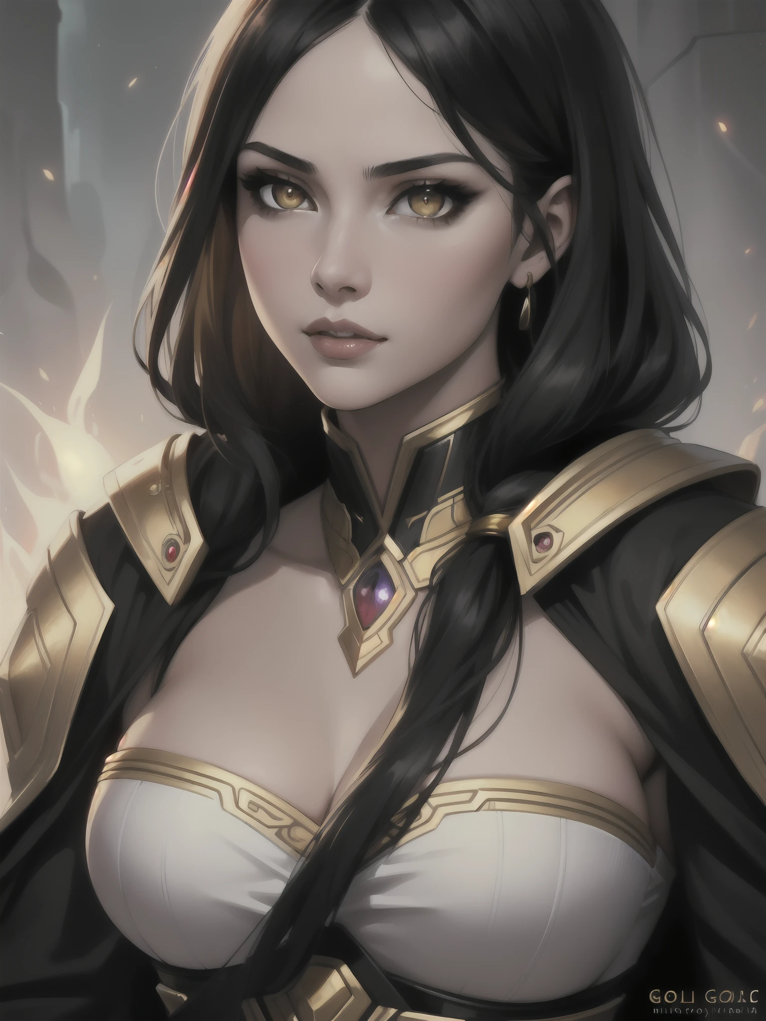 Portrait, Masterpiece, Excellent, 1girl, solo, complex details, color diffusion, close-up, pale female, Asian female, female giant, black hair, dark hair, golden eyes, elegant attire, sensual attire, epic, mage, goddess, Sci-Fi, Fantasy