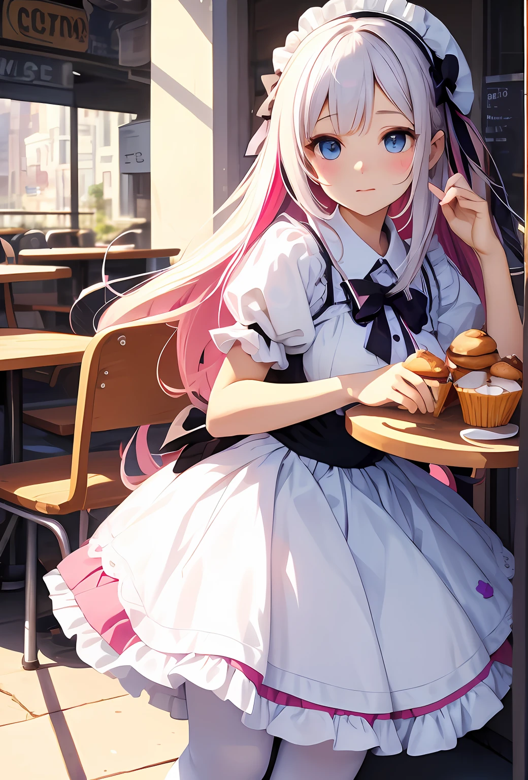best qualityer,tmasterpiece,Ultimate resolution,downy,Extremely colorful,Colorful,Big high school girl,adolable,ta long dress, white stockings,Muffin shoes,Cafe background,closeup of face