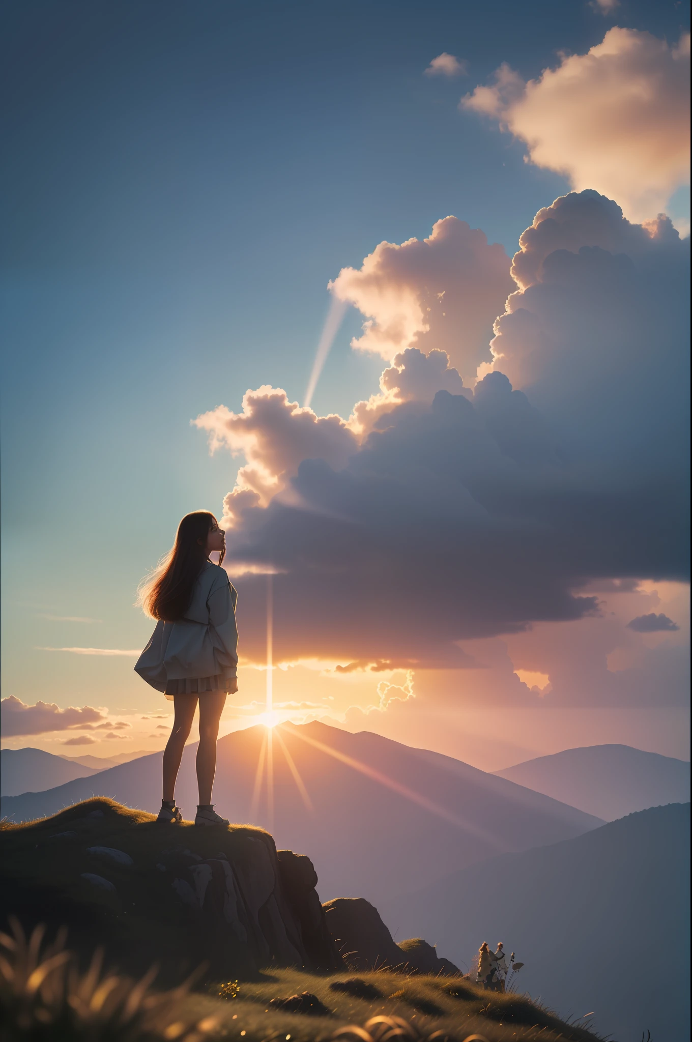 (8k wallpaper, .primitive, Photorealistic:1.25) ,( glossy side,, Best quality, Ultra-high resolution, Depth of field, color difference, Caustics, Special light) ,1 girl standing on top of a hill,sunraise,Golden clouds