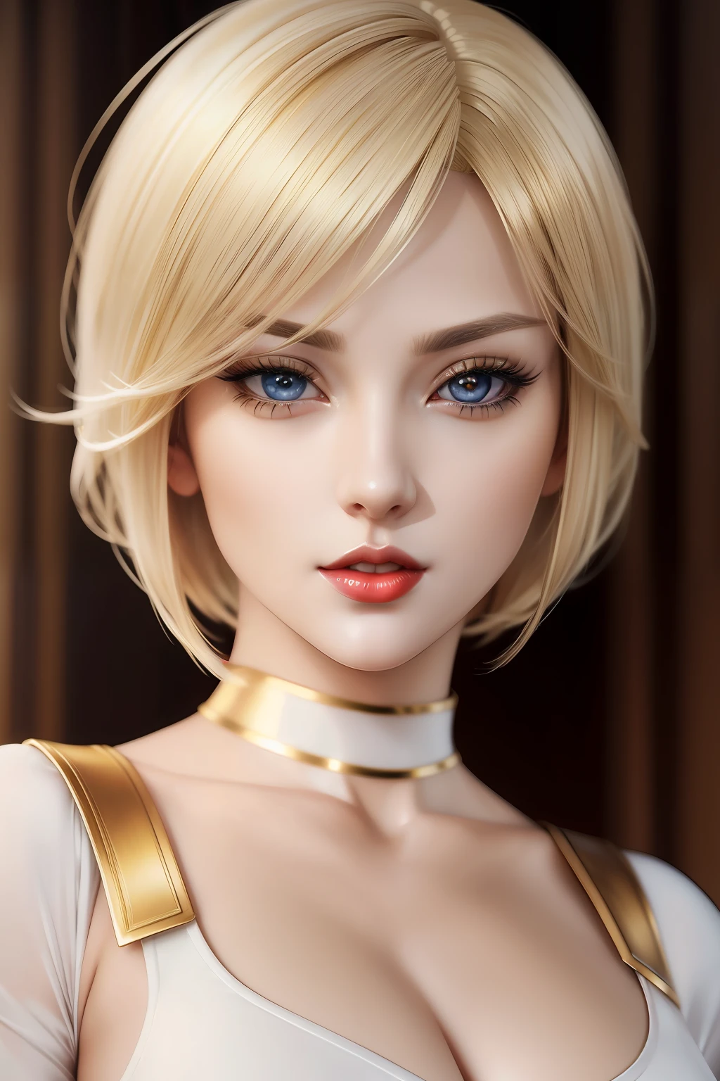 Bust portrait of anime beauty blonde girl (short Bob realistic hair), perfect face, realistic skin ((((high detailed skin)))), red lips, in realistic white & Gold tight combat body suit, ((beauty realistic eyes))