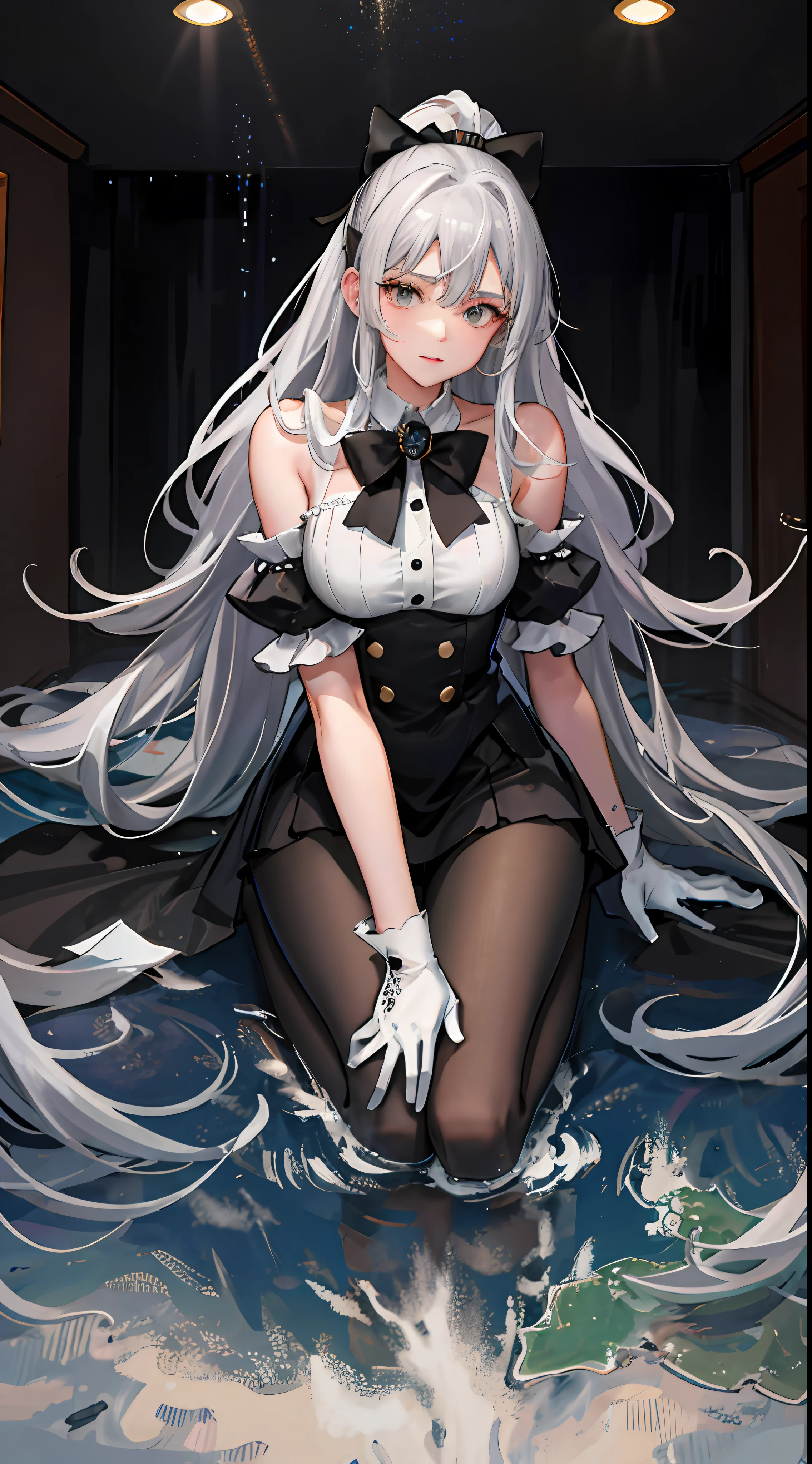 （（（1个Giant Breast Girl）），Ray traching，（dim murky lights），[detailedbackground（Bedrooms）），（（Silvery hair）），（（Silvery hair）），（（（（（Fluffy silver hair，The eyes are delicate ，plump and slender girl））Wears a high ponytail）））Avoid golden eyes in the ominous bedroom（（（（Girl wearing intricately embroidered black high-waisted pants with pantyhose）There are also white ruffled bow gloves），It shows a delicate figure and beautiful curves，Correct limbs，sit on a bed