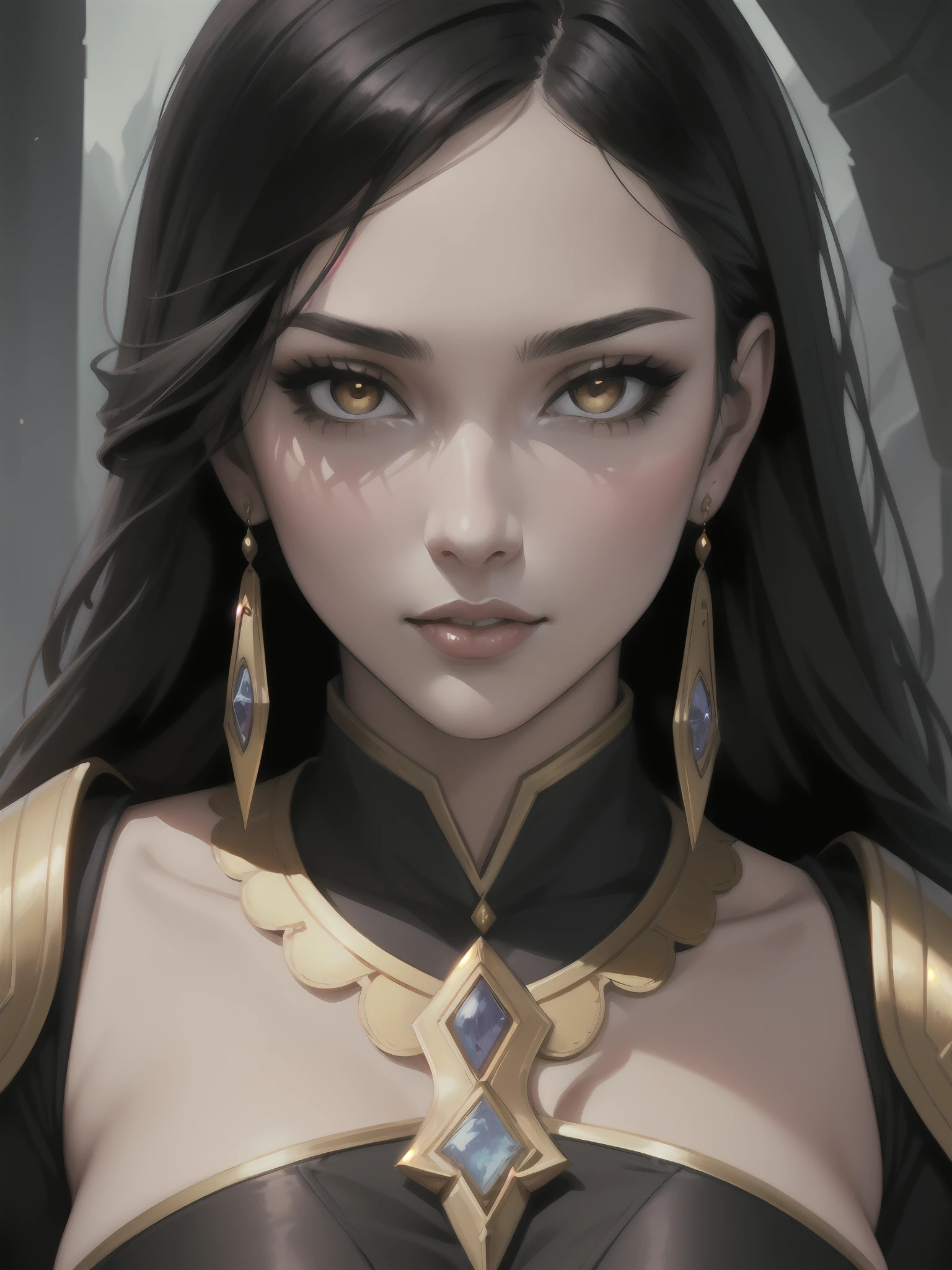 Portrait, Masterpiece, Excellent, 1girl, solo, complex details, color diffusion, close-up, pale female, Asian female, female giant, black hair, dark hair, golden eyes, elegant attire, sensual attire, epic, mage, goddess, Sci-Fi, Fantasy