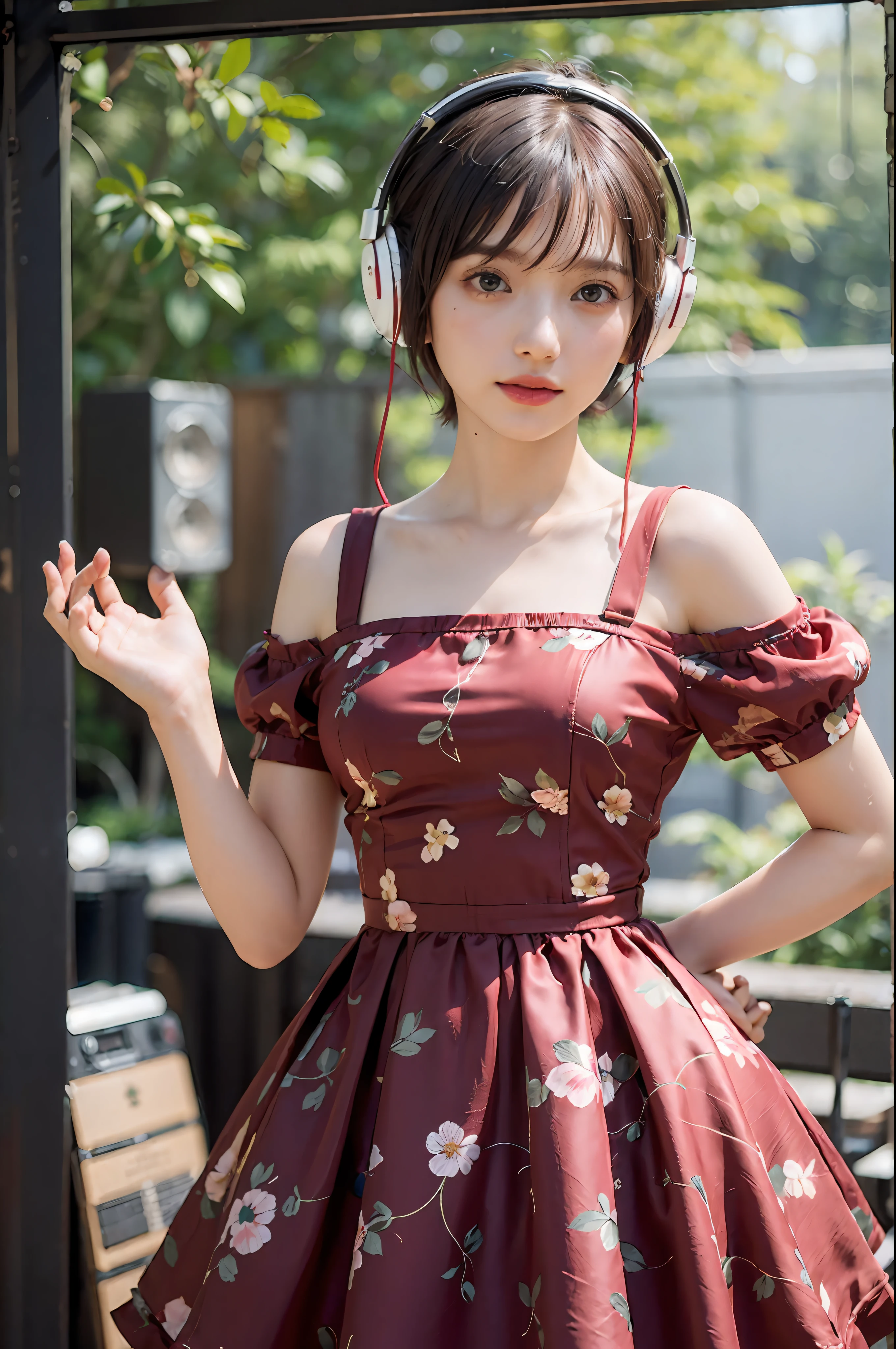 Best Quality, masutepiece, (Photorealistic:2), Ultra High Resolution, Highly detailed, A hyper-realistic, 1girl in, ((Red headphones)), (Longer dress), Floral pattern, colourfull_hair、(((very_Short_hair))), Short hair, Slim body, Full Shot, Looking at Viewer, ((Music Studio)), Bright atmosphere, spot light, Detailed background